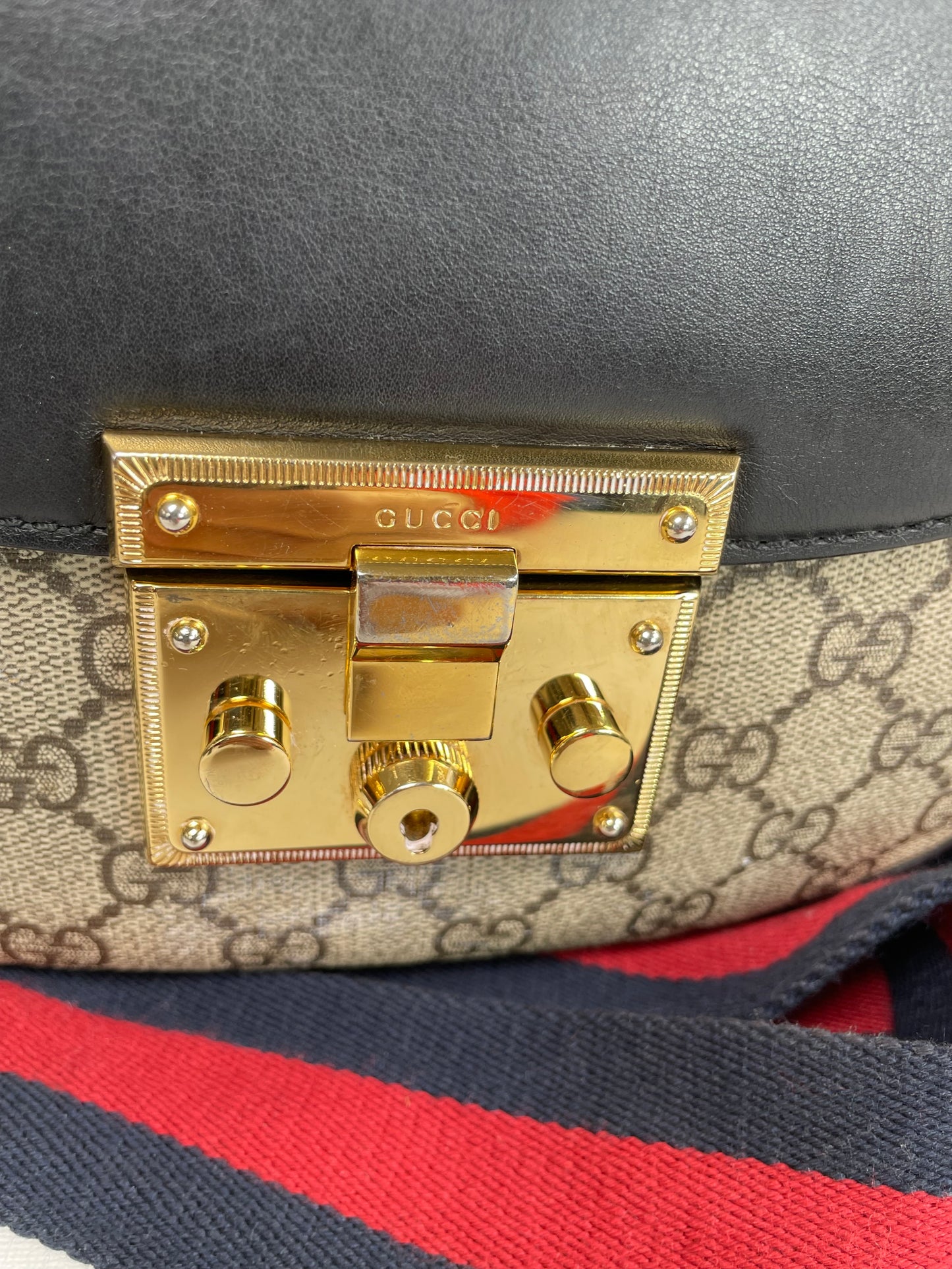 Preloved Gucci GG Supreme Monogram Saddle Lock Messenger Shoulder Bag, Small