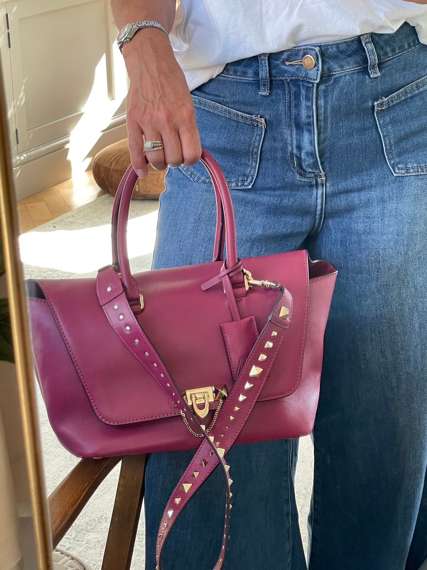 Preloved Valentino Garavani Rockstud Demilune Double Handle Satchel Bag, Small