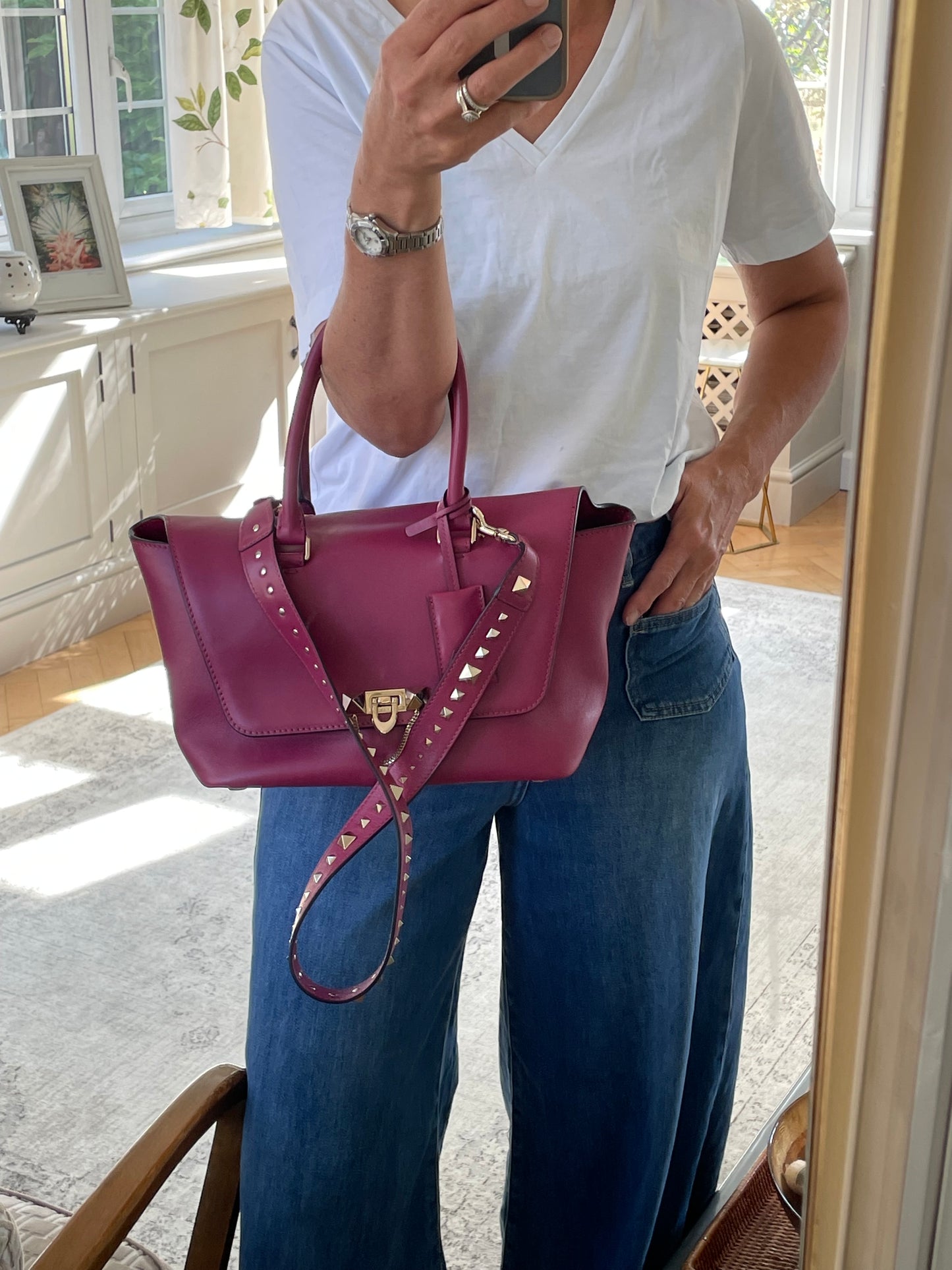 Preloved Valentino Garavani Rockstud Demilune Double Handle Satchel Bag, Small