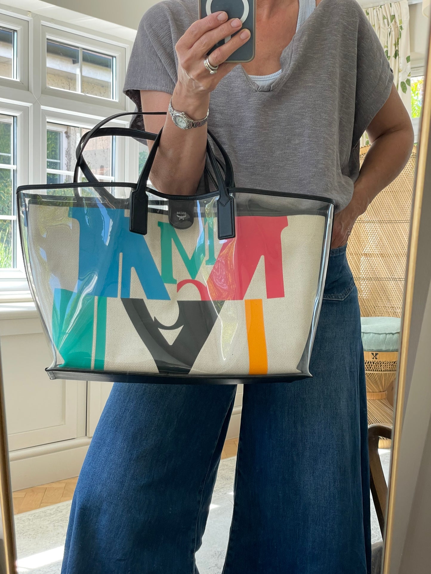 Preloved MCM Glitch Logo Shopping Tote, Large