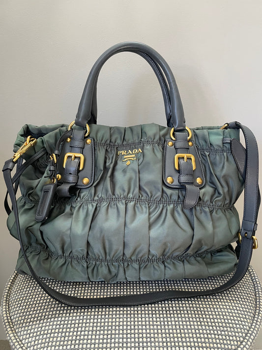 Preloved Prada Tessuto Nylon Gaufre Gathered Tote with Long Shoulder Strap