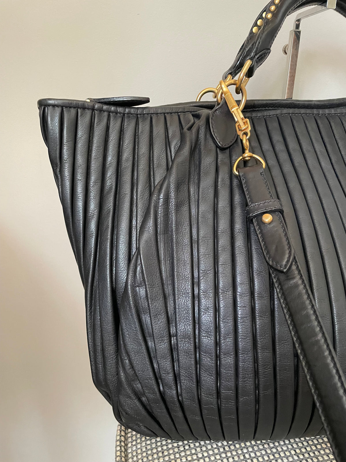 Preloved Miu Miu Pleated Leather Tote Bag with Long Strap