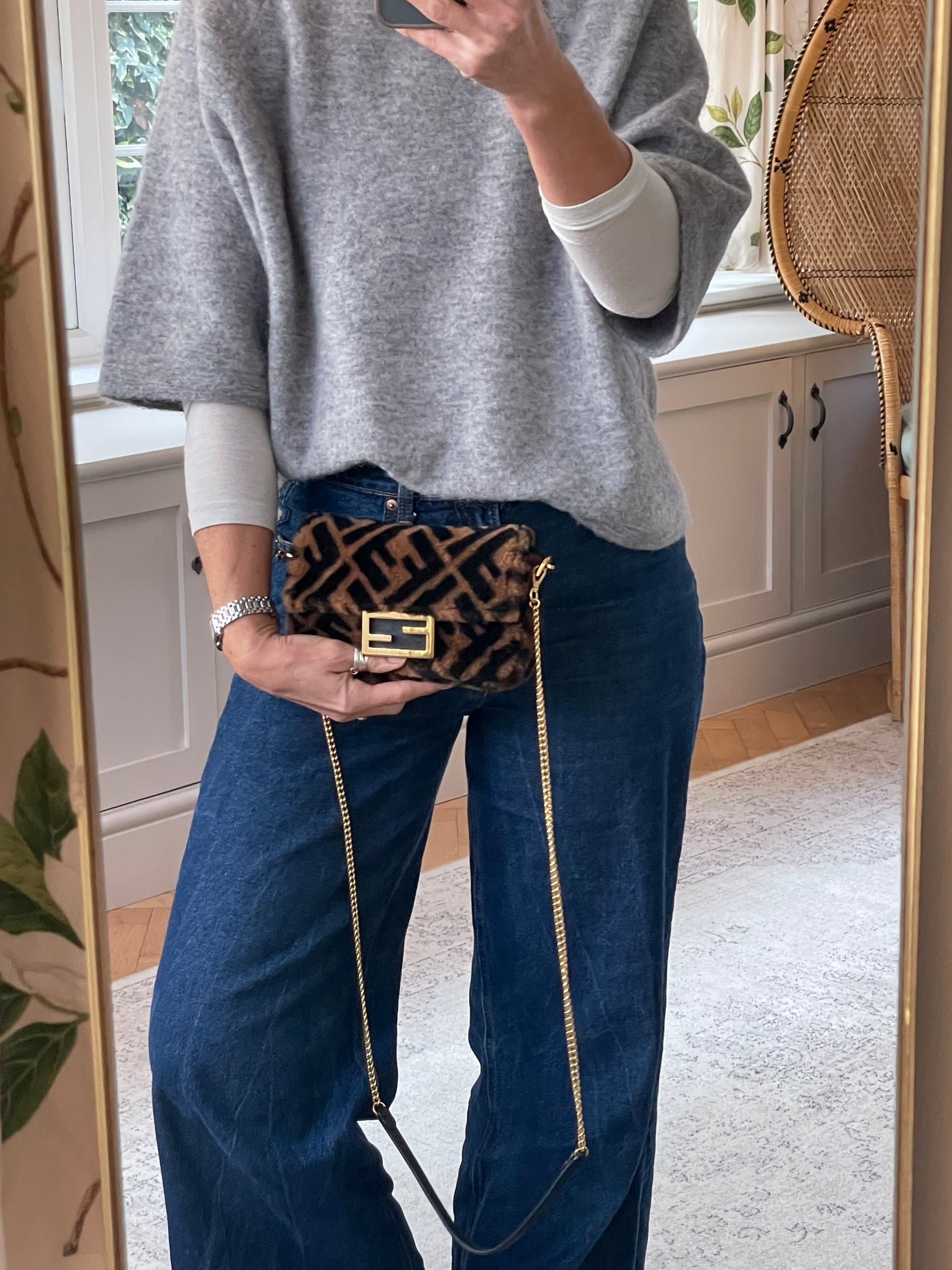 Preloved Fendi Shearling Sheepskin FF Chain Baguette, Mini