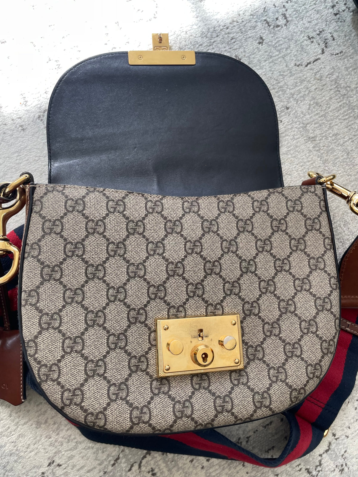 Preloved Gucci GG Supreme Monogram Saddle Lock Messenger Shoulder Bag, Small