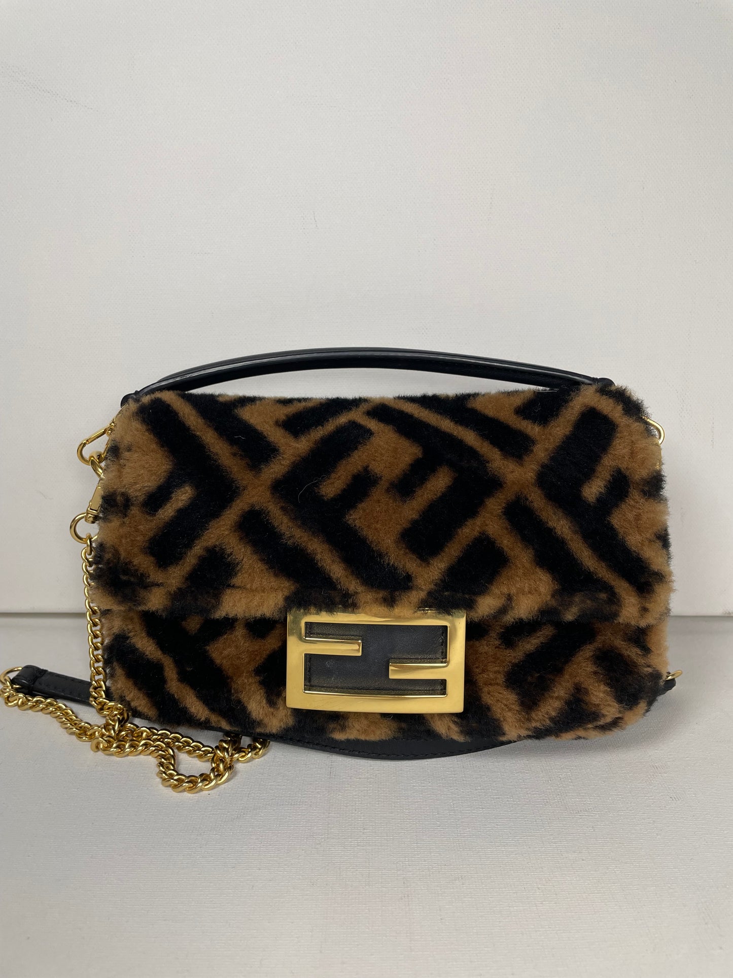 Preloved Fendi Shearling Sheepskin FF Chain Baguette, Mini