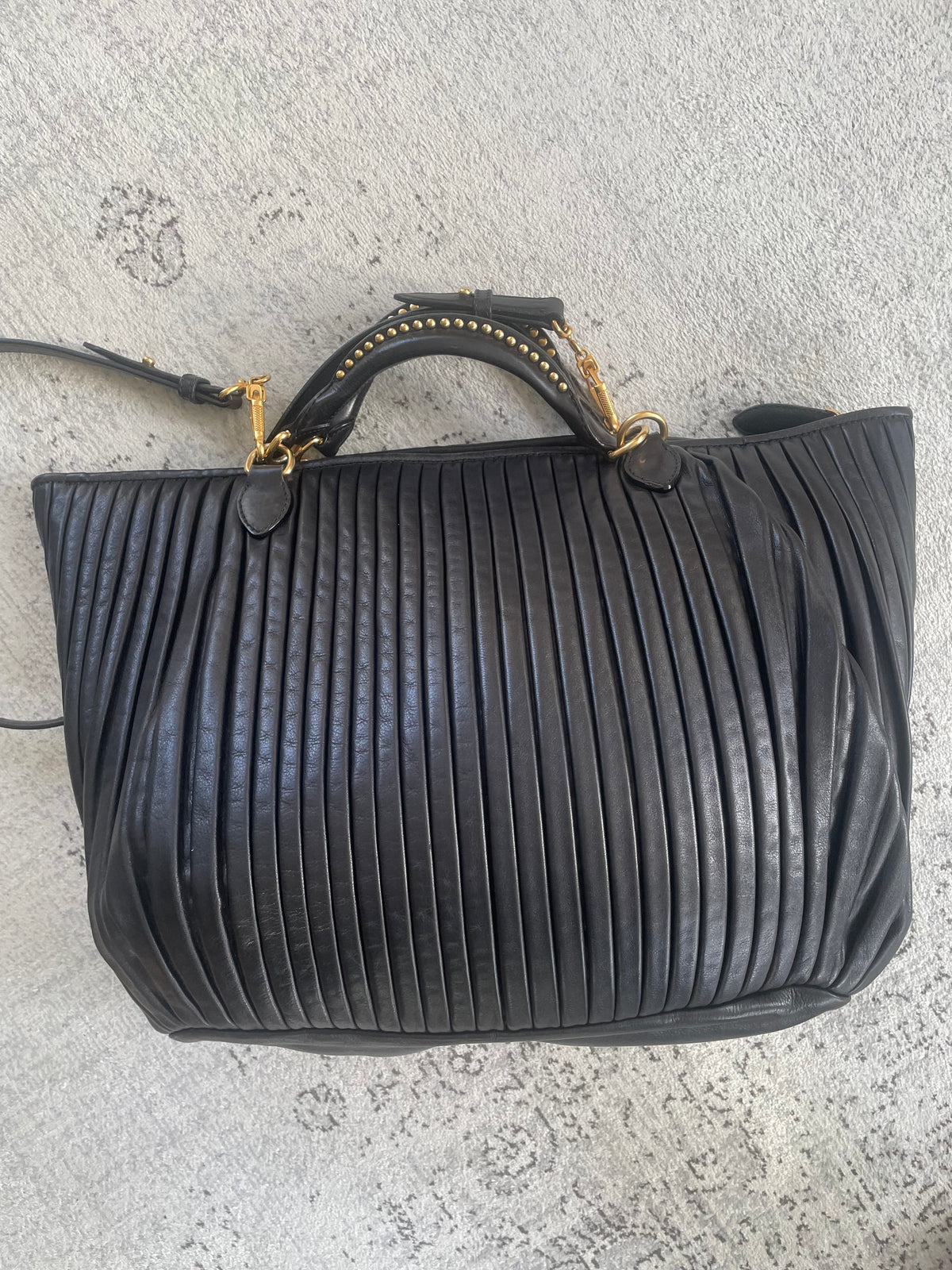 Preloved Miu Miu Pleated Leather Tote Bag with Long Strap