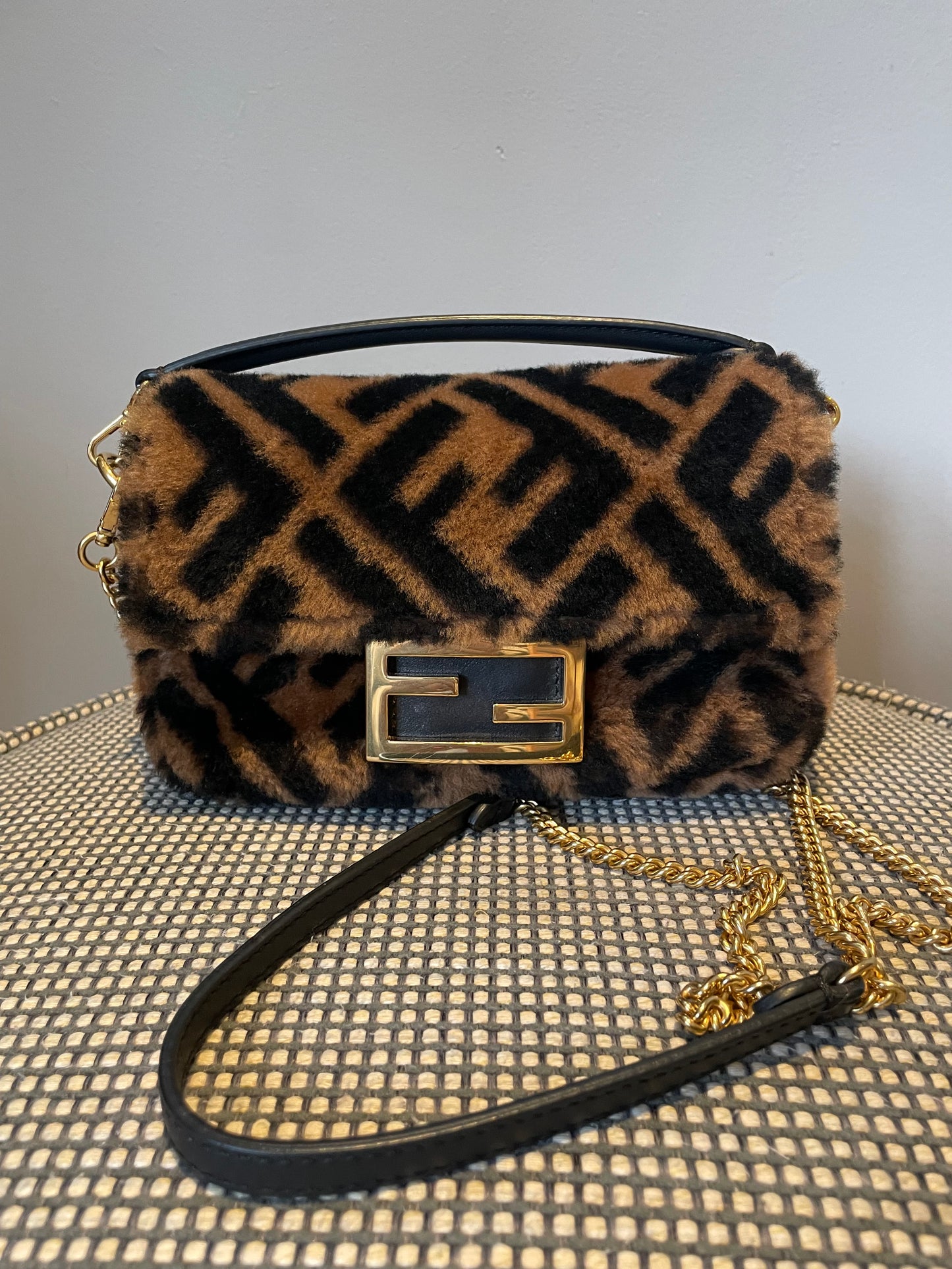 Preloved Fendi Shearling Sheepskin FF Chain Baguette, Mini