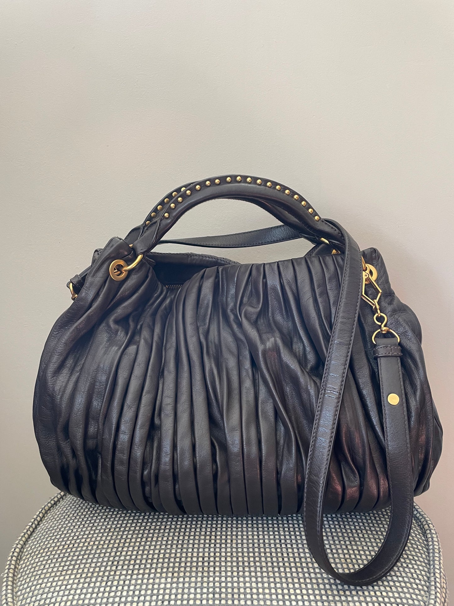 Preloved Miu Miu Pleated Leather Tote Bag with Long Strap
