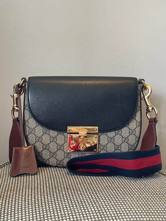 Preloved Gucci GG Supreme Monogram Saddle Lock Messenger Shoulder Bag, Small