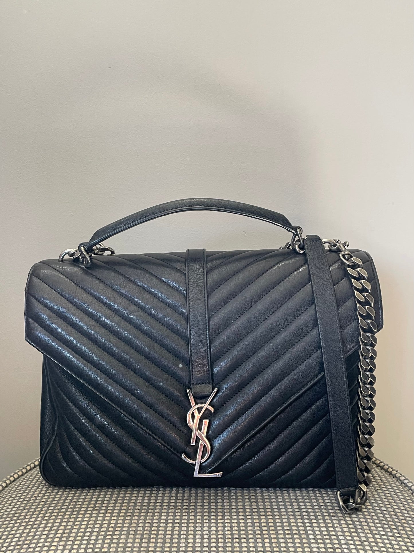 Preloved Saint Laurent Matelasse Chevron Monogram College Bag, Large