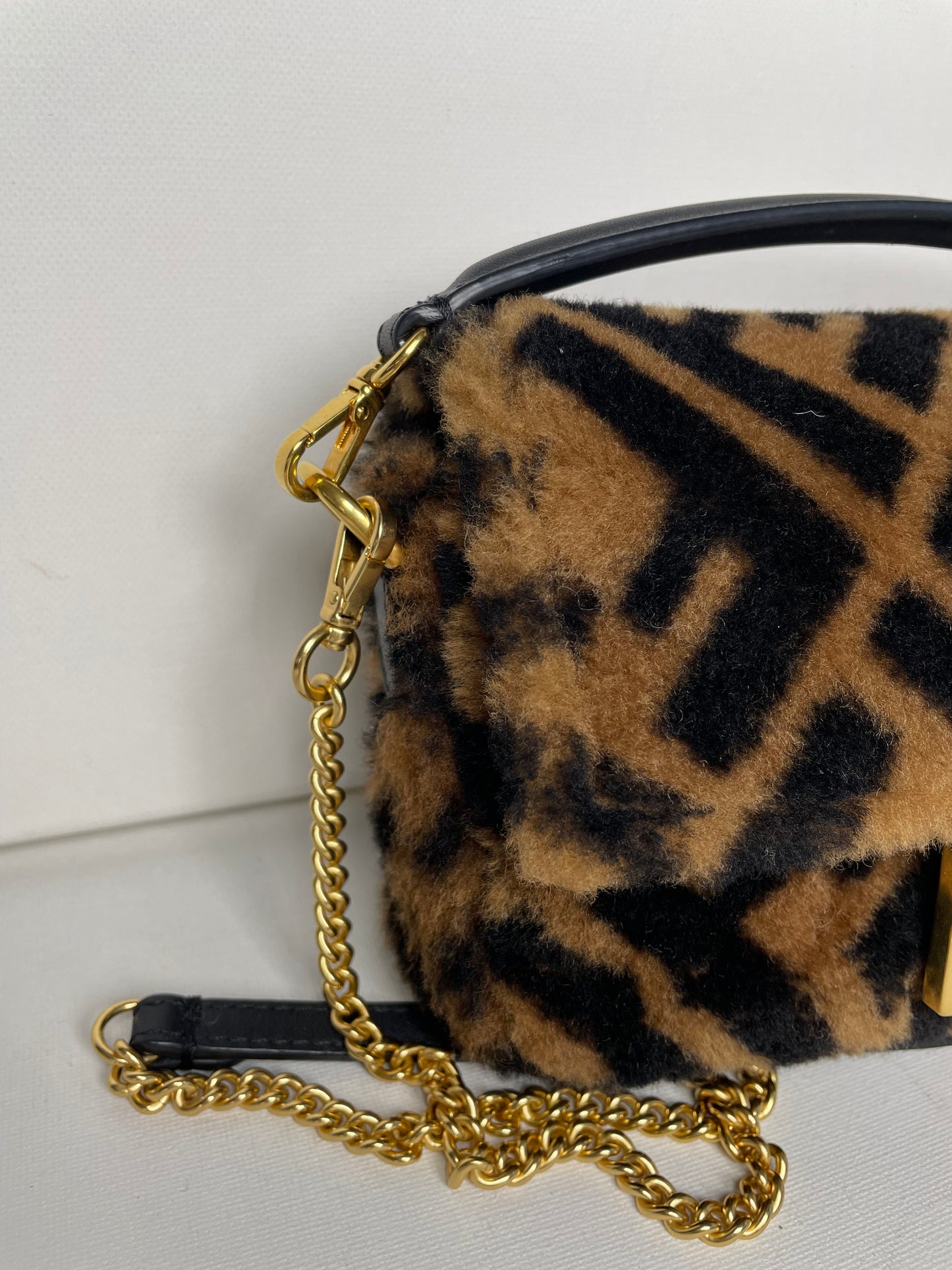 Preloved Fendi Shearling Sheepskin FF Chain Baguette, Mini
