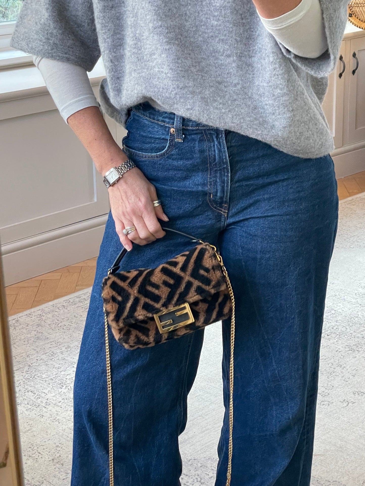 Preloved Fendi Shearling Sheepskin FF Chain Baguette, Mini