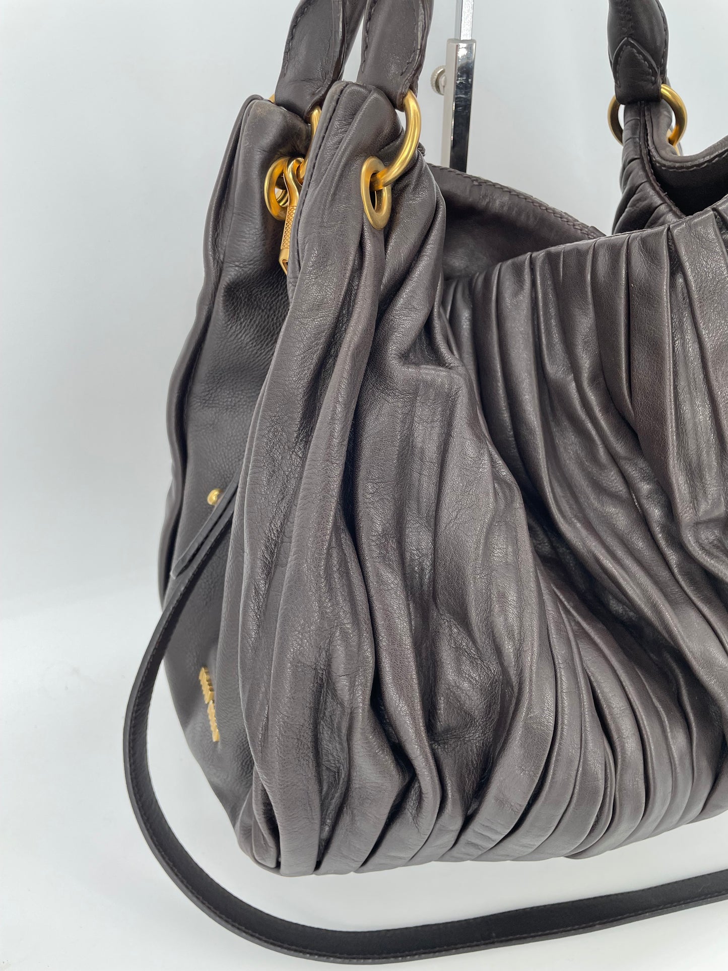 Preloved Miu Miu Pleated Leather Tote Bag with Long Strap