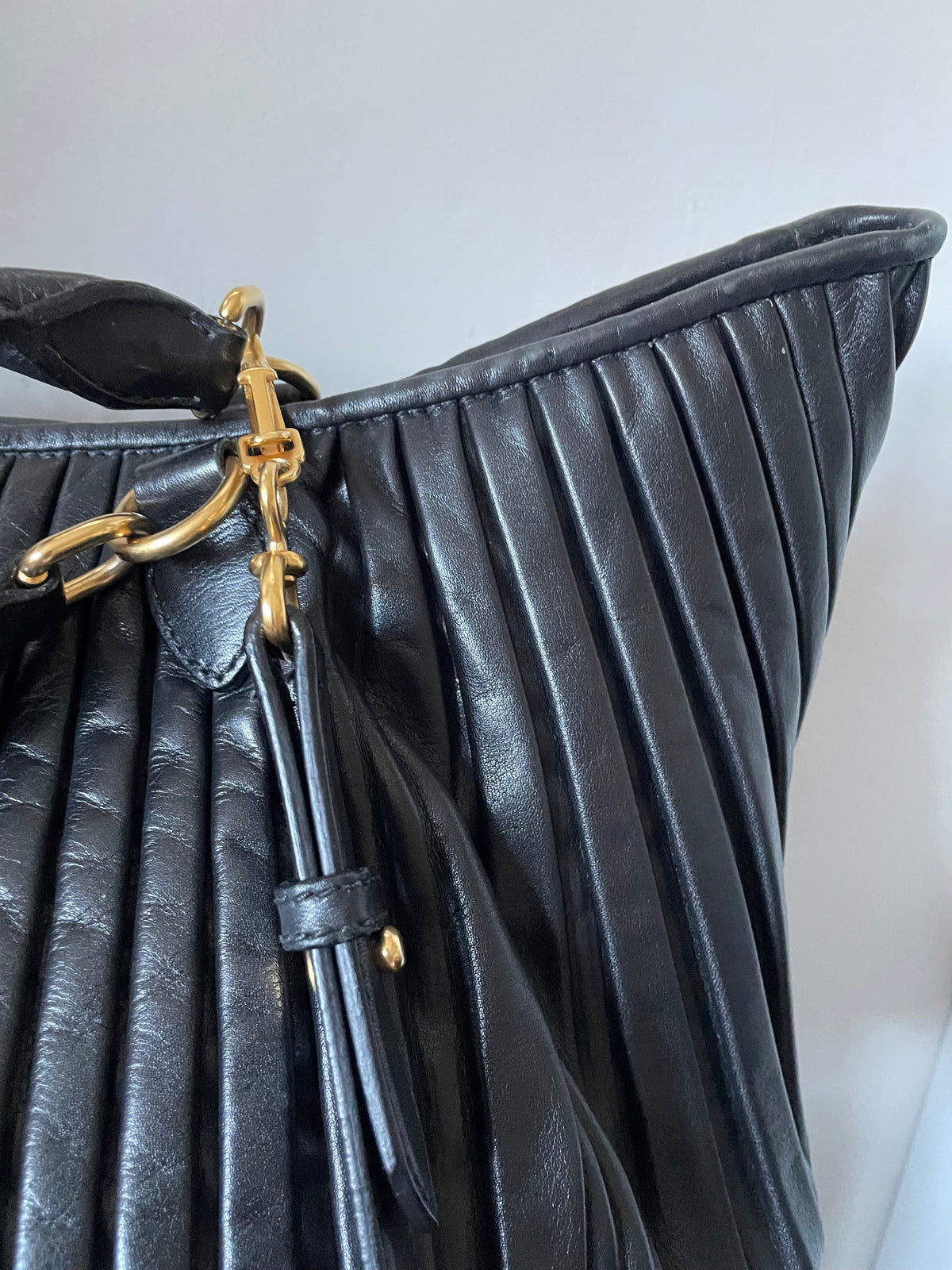 Preloved Miu Miu Pleated Leather Tote Bag with Long Strap