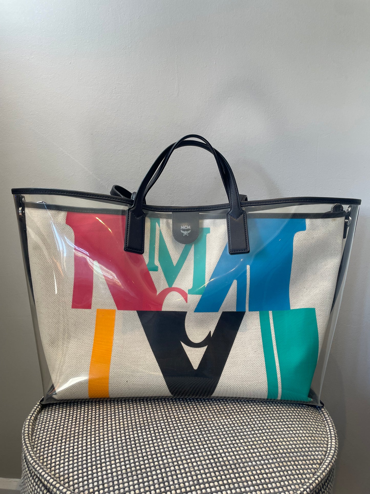 Preloved MCM Glitch Logo Shopping Tote, Large