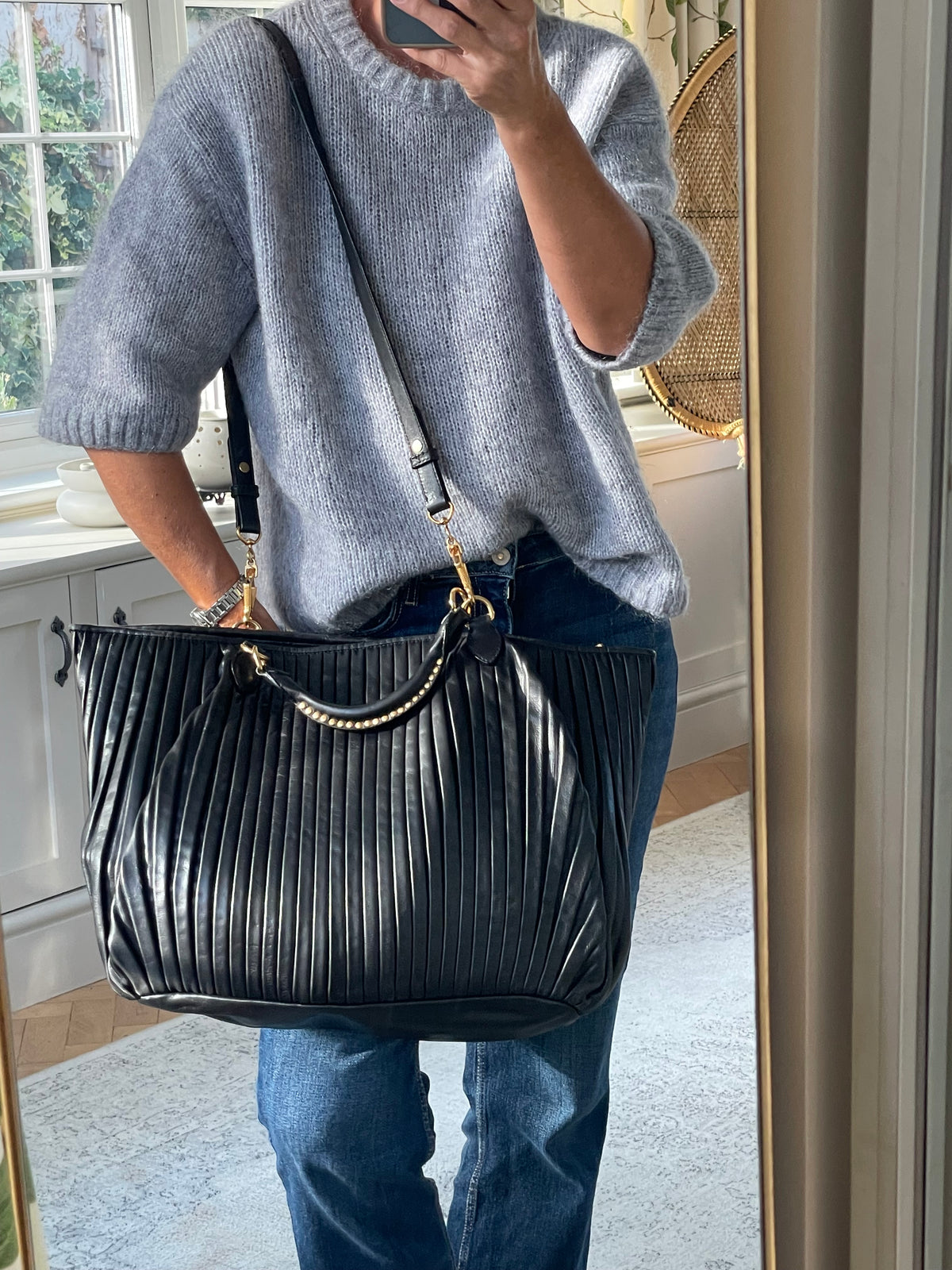 Preloved Miu Miu Pleated Leather Tote Bag with Long Strap
