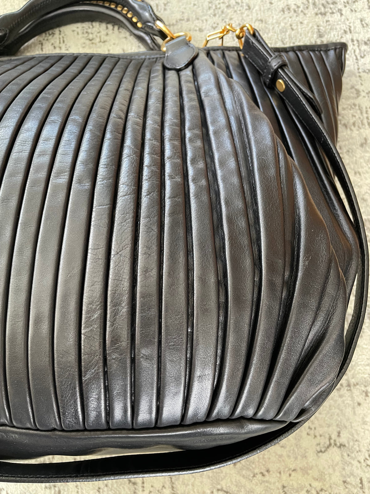 Preloved Miu Miu Pleated Leather Tote Bag with Long Strap