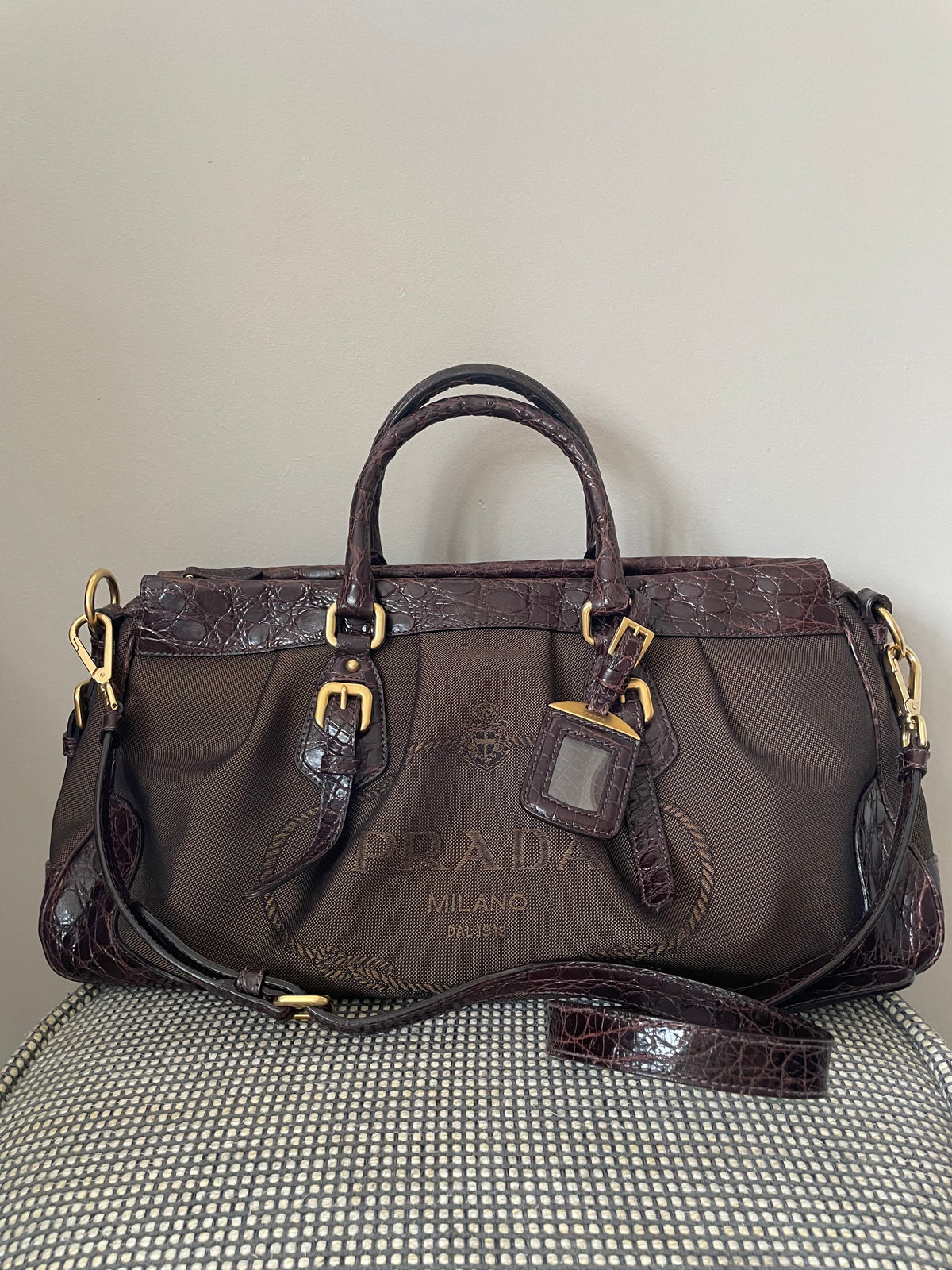 Preloved, Vintage Prada Logo Jacquard Bowling Bag