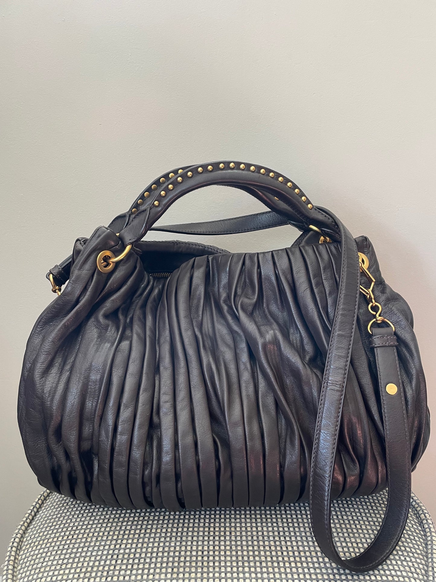 Preloved Miu Miu Pleated Leather Tote Bag with Long Strap