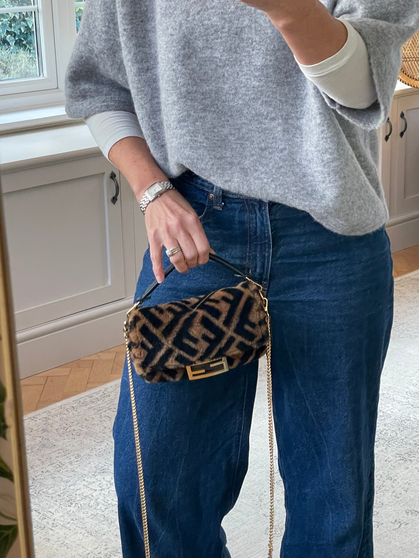 Preloved Fendi Shearling Sheepskin FF Chain Baguette, Mini