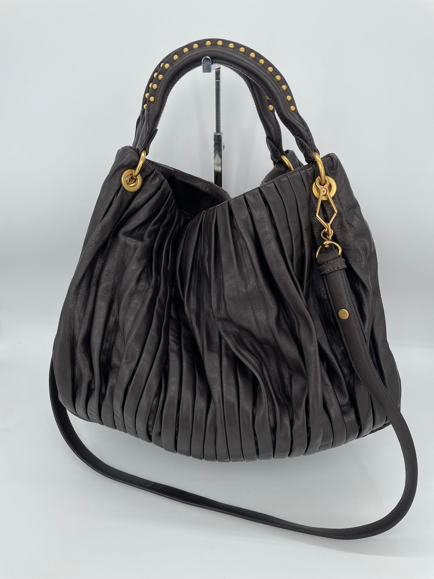 Preloved Miu Miu Pleated Leather Tote Bag with Long Strap