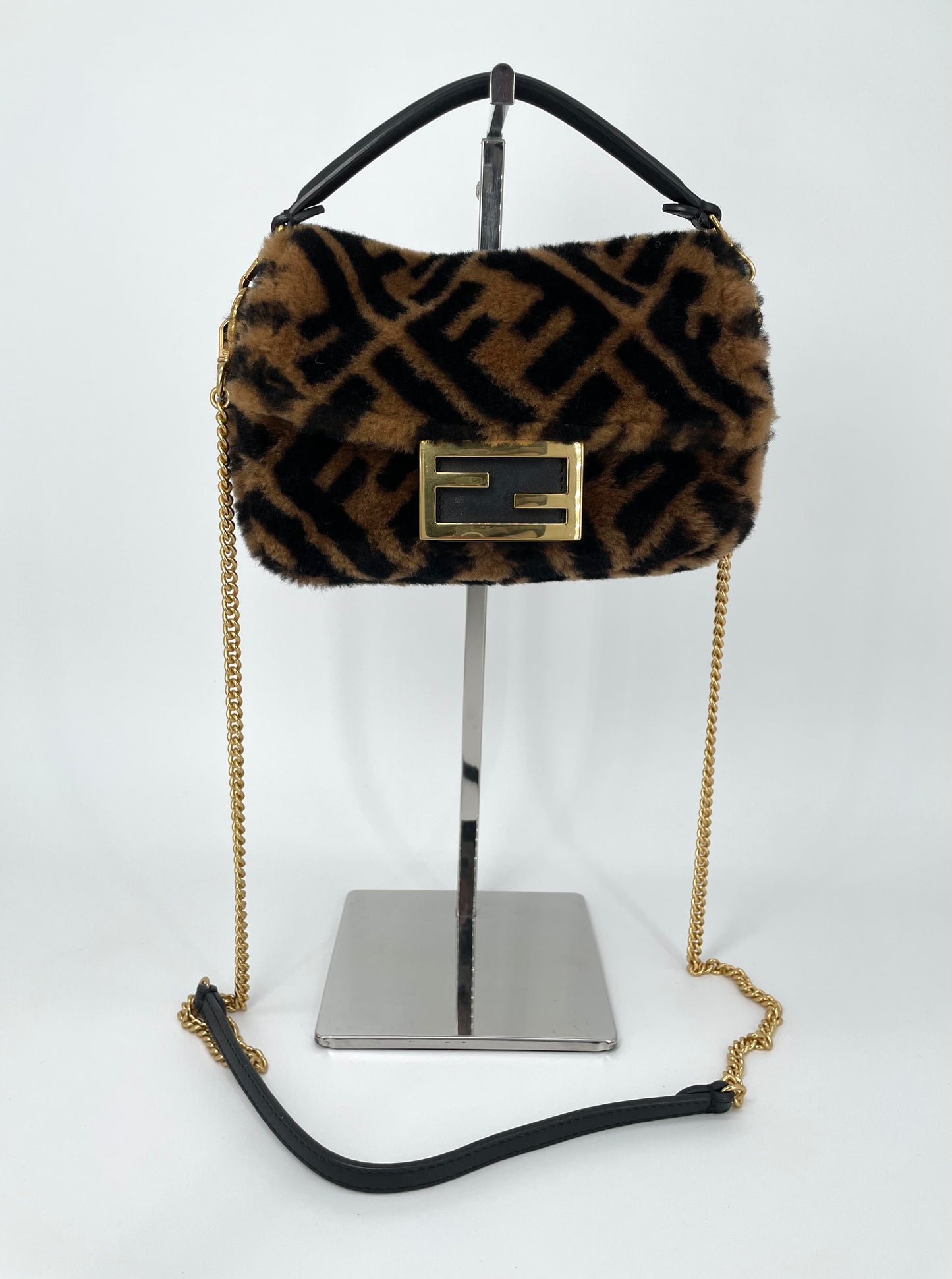 Preloved Fendi Shearling Sheepskin FF Chain Baguette, Mini