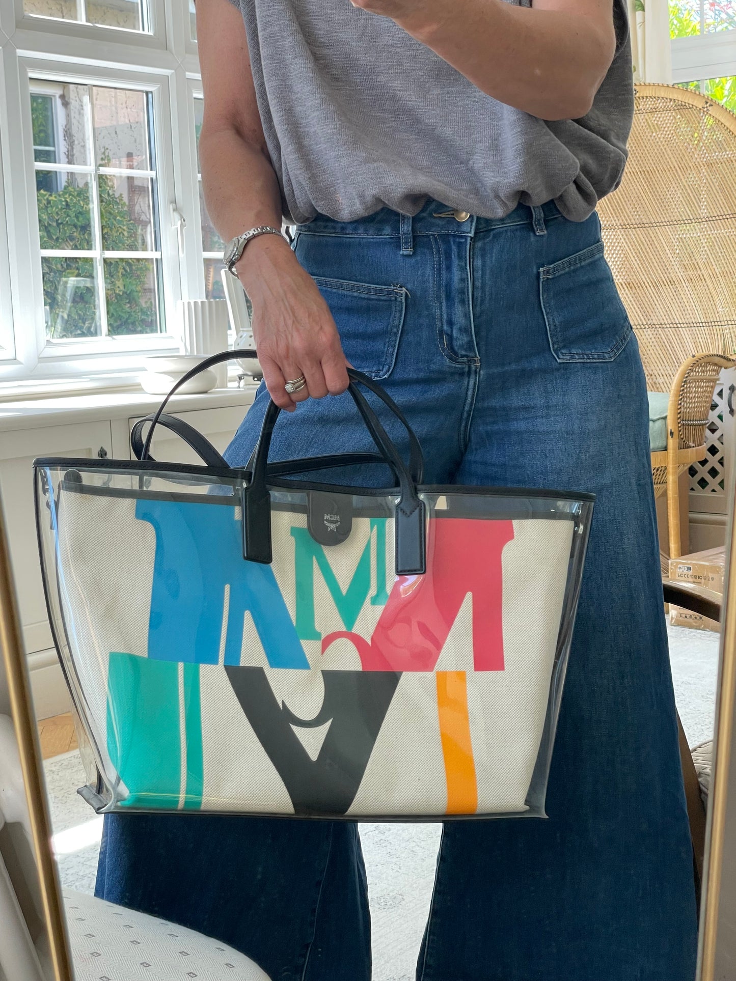 Preloved MCM Glitch Logo Shopping Tote, Large