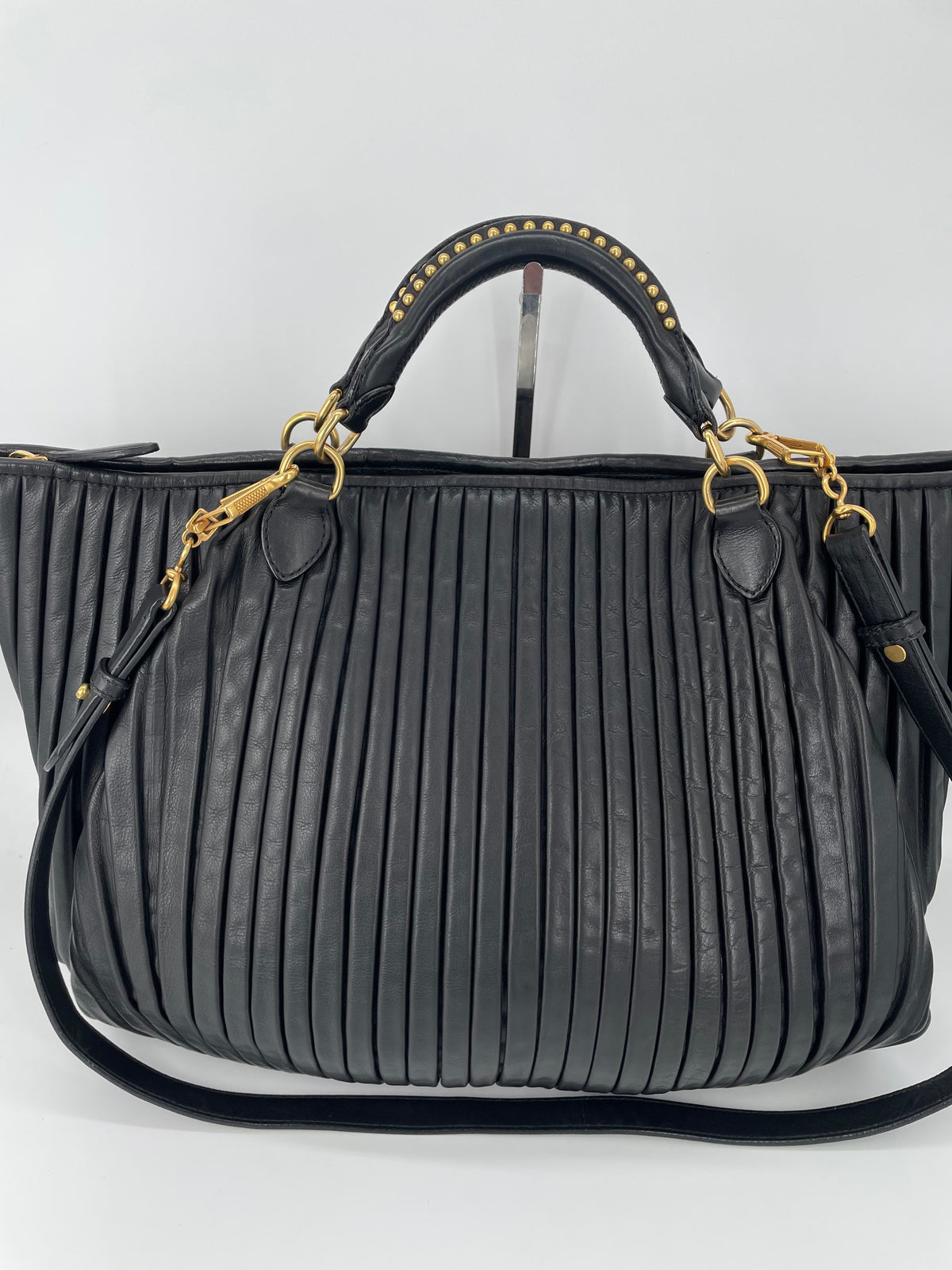 Preloved Miu Miu Pleated Leather Tote Bag with Long Strap