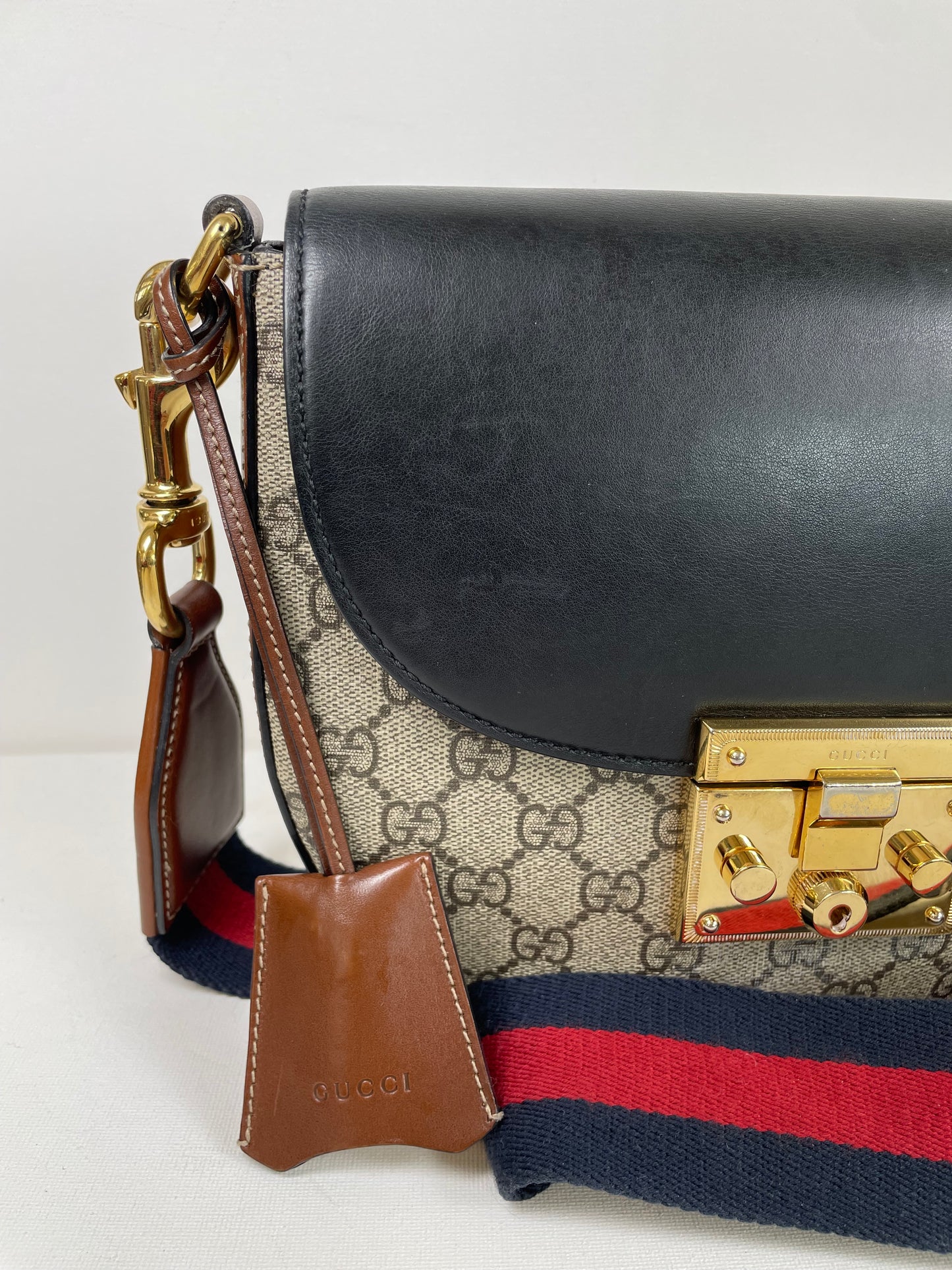 Preloved Gucci GG Supreme Monogram Saddle Lock Messenger Shoulder Bag, Small