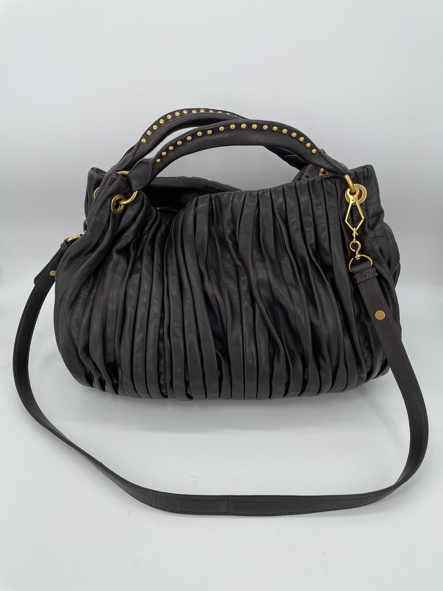 Preloved Miu Miu Pleated Leather Tote Bag with Long Strap