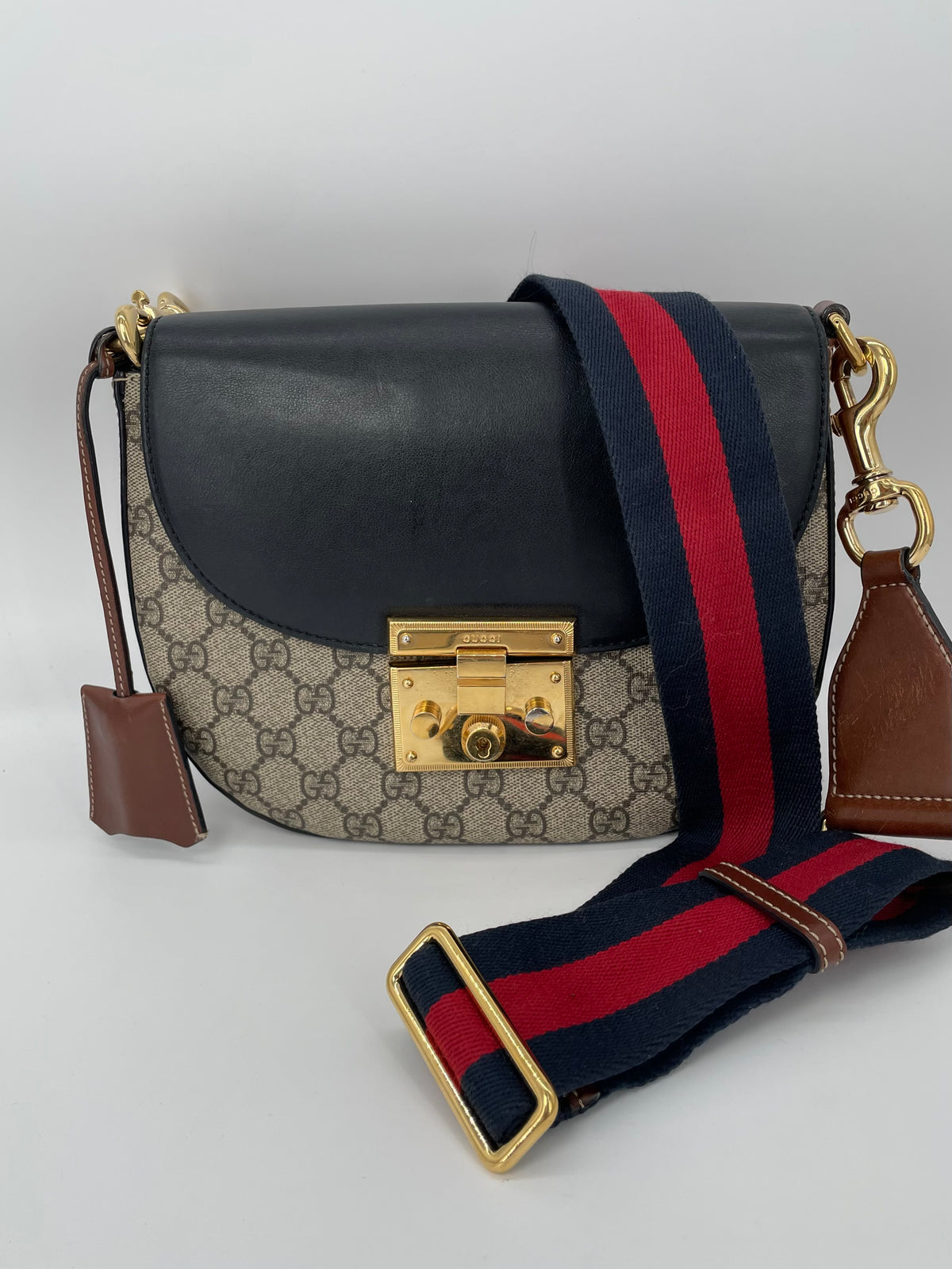Preloved Gucci GG Supreme Monogram Saddle Lock Messenger Shoulder Bag, Small