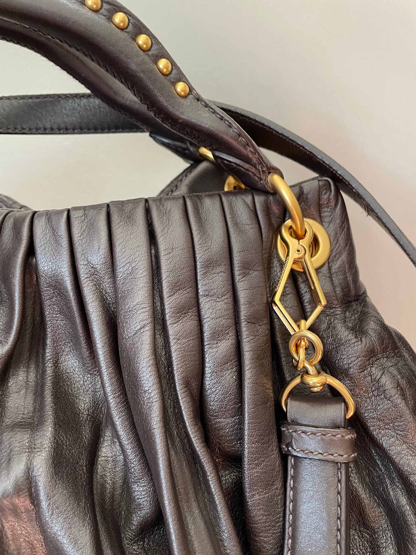 Preloved Miu Miu Pleated Leather Tote Bag with Long Strap
