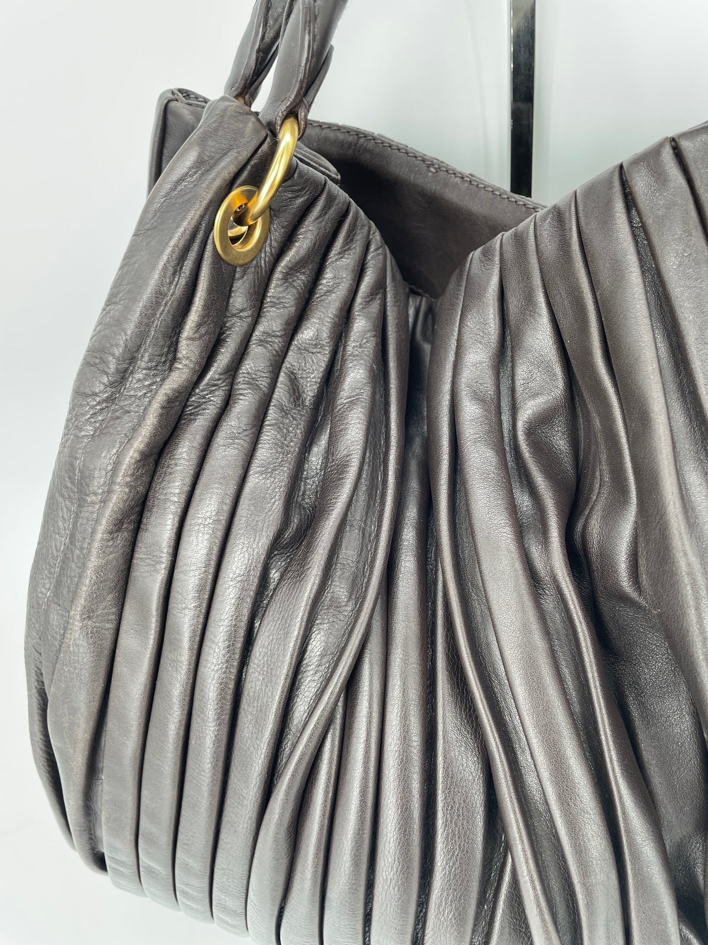 Preloved Miu Miu Pleated Leather Tote Bag with Long Strap