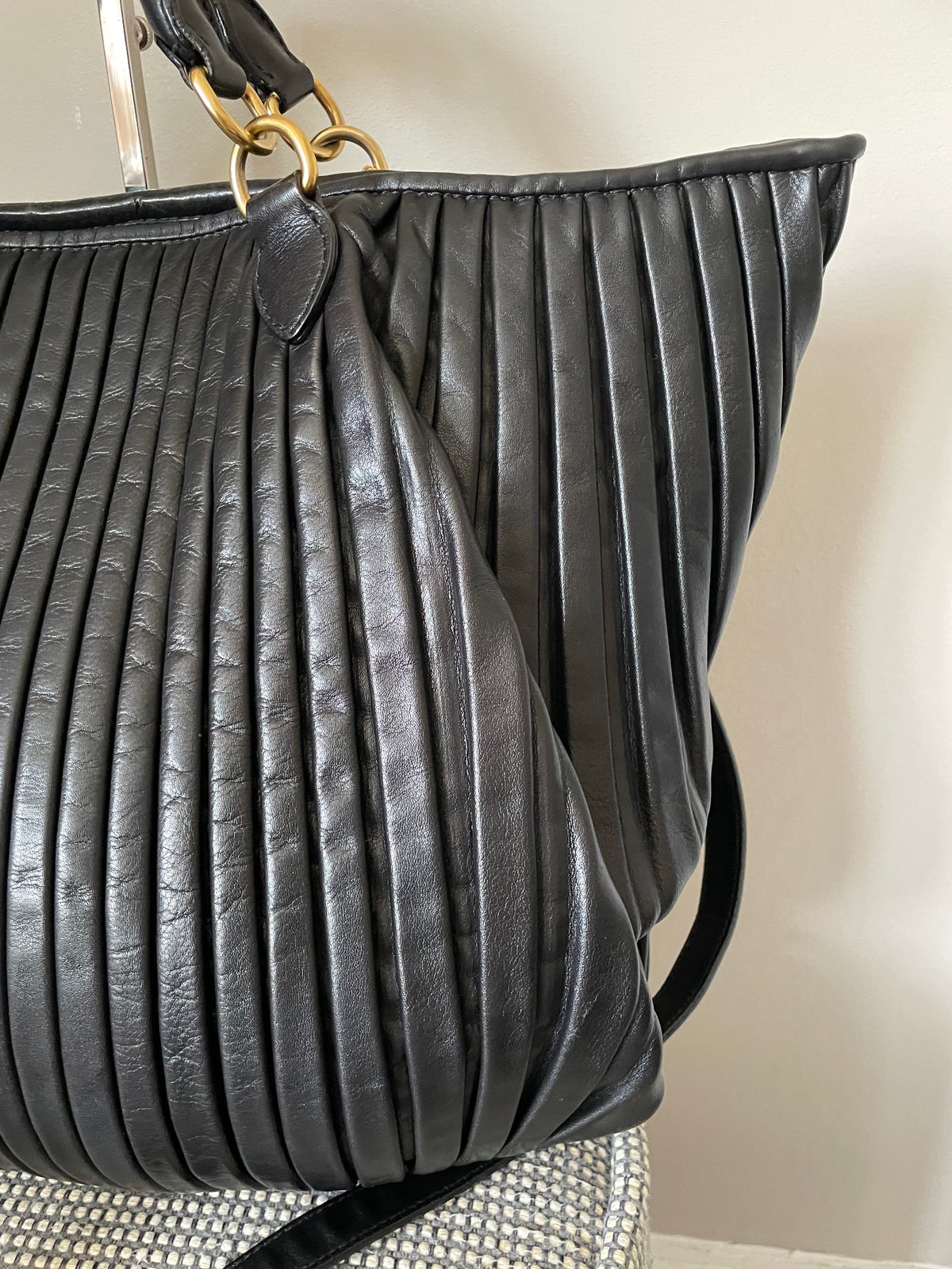 Preloved Miu Miu Pleated Leather Tote Bag with Long Strap