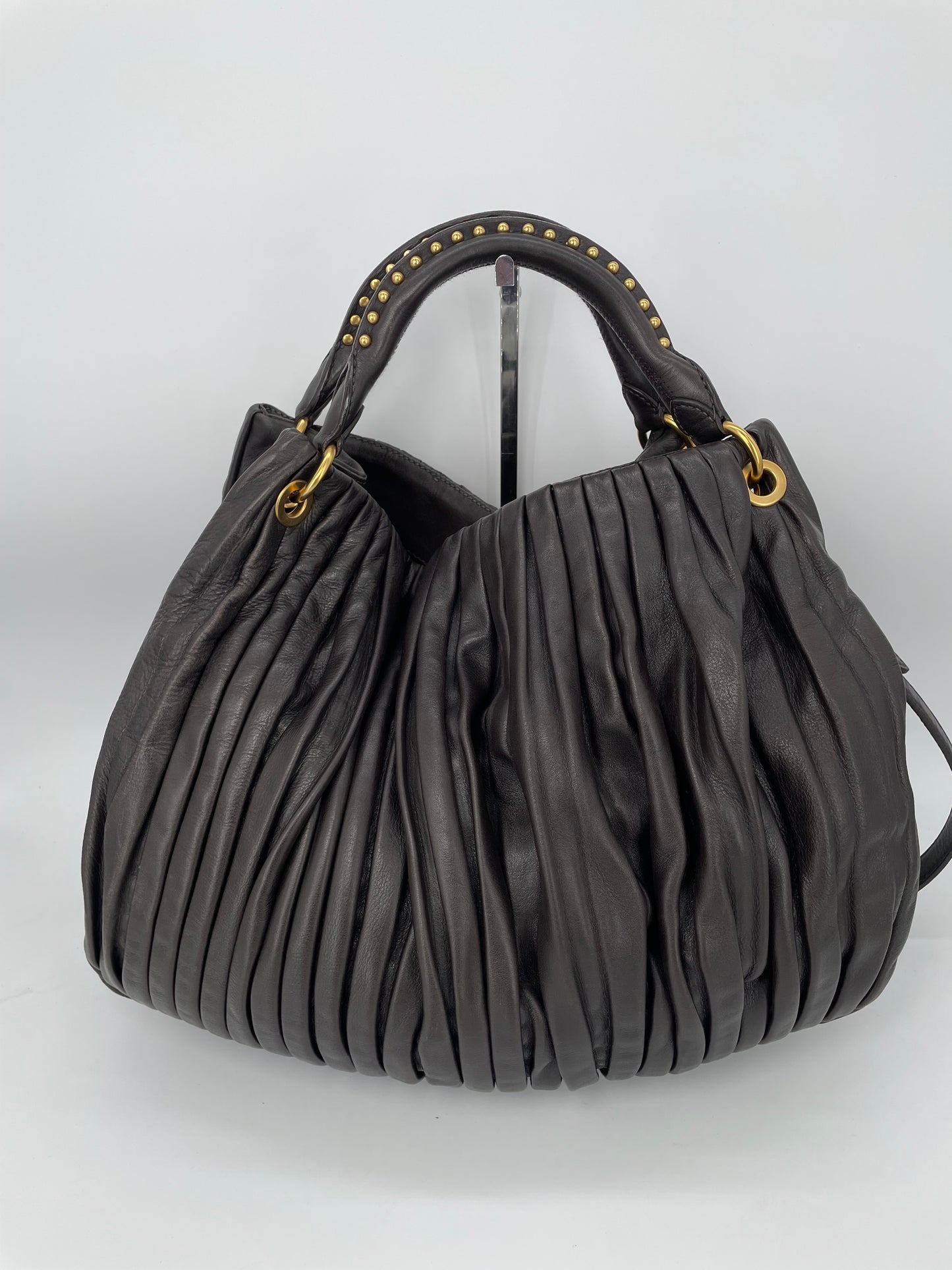 Preloved Miu Miu Pleated Leather Tote Bag with Long Strap