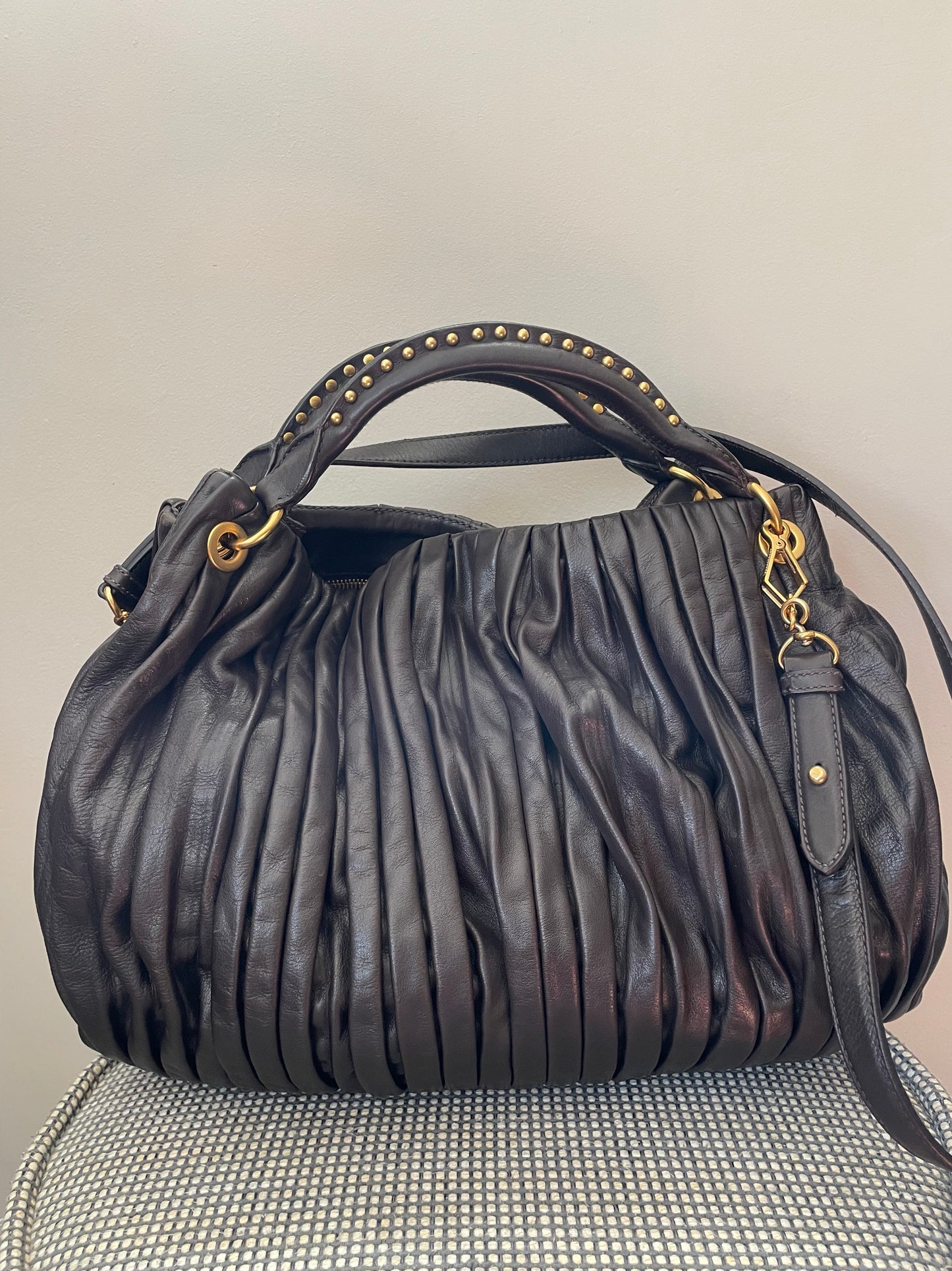Preloved Miu Miu Pleated Leather Tote Bag with Long Strap