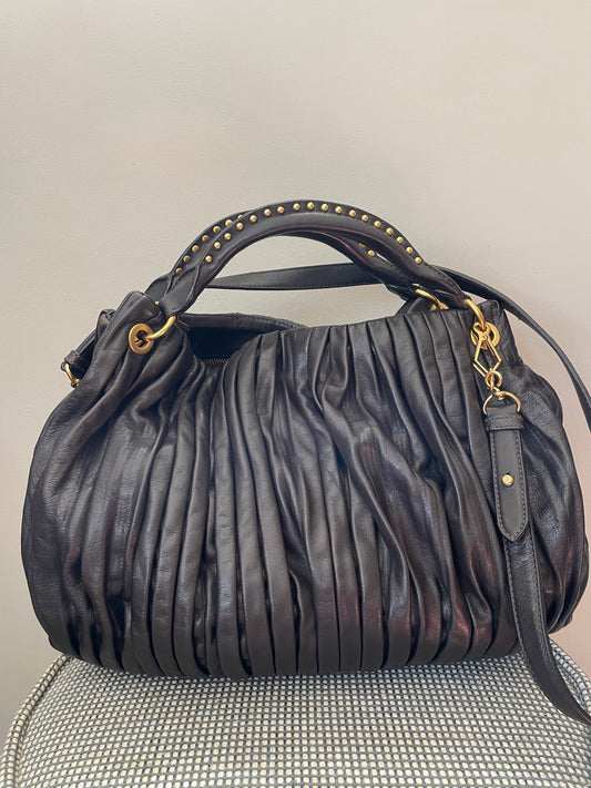 Preloved Miu Miu Pleated Leather Tote Bag with Long Strap