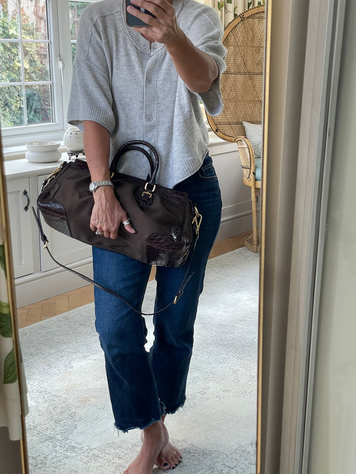 Preloved, Vintage Prada Logo Jacquard Bowling Bag