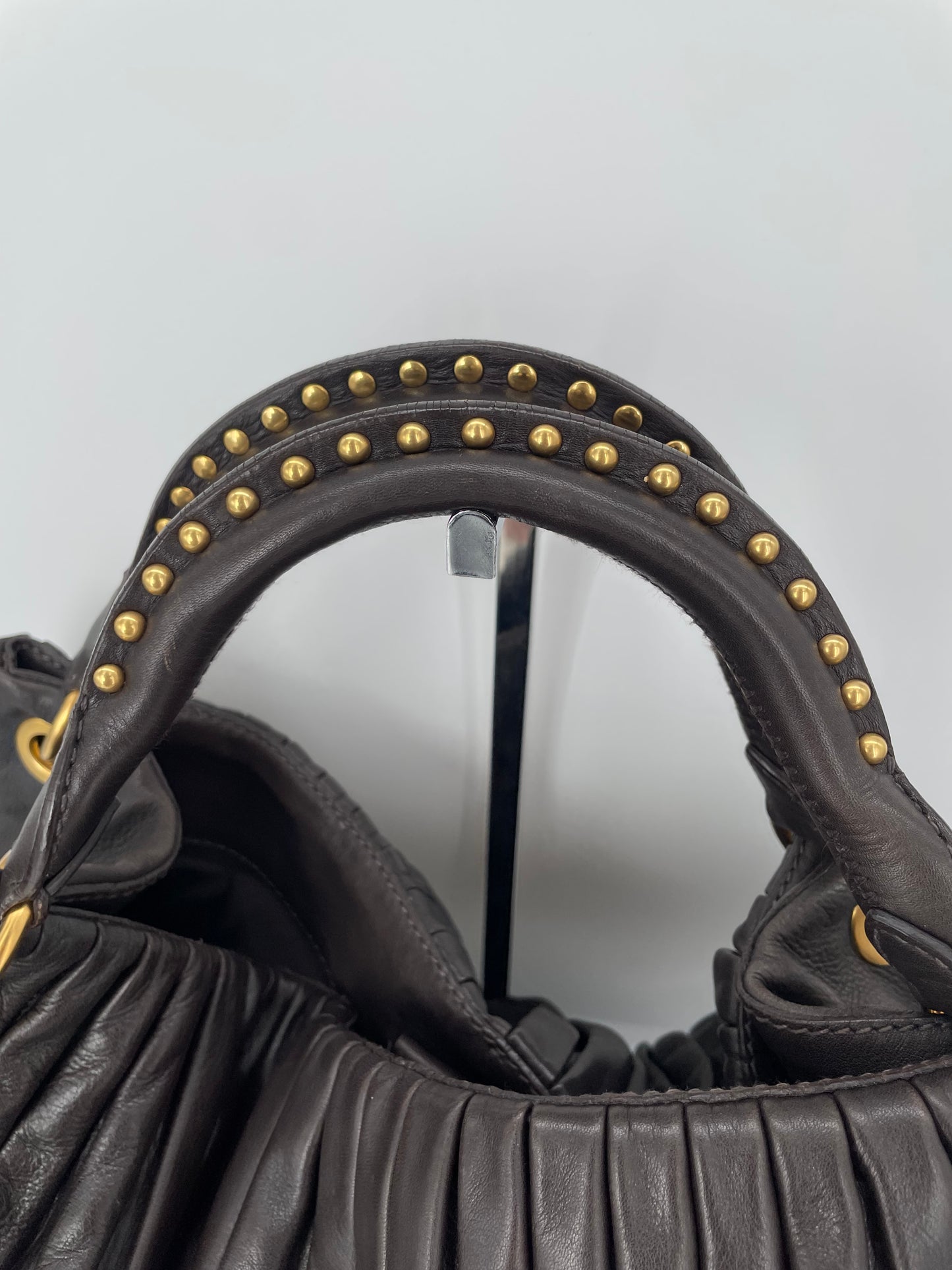 Preloved Miu Miu Pleated Leather Tote Bag with Long Strap