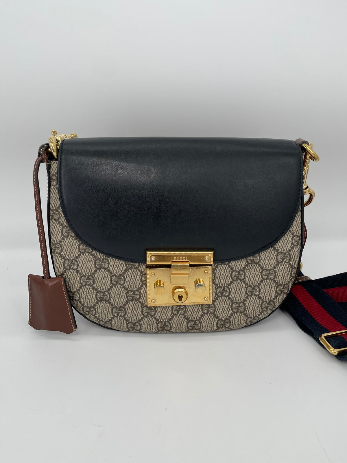 Preloved Gucci GG Supreme Monogram Saddle Lock Messenger Shoulder Bag, Small