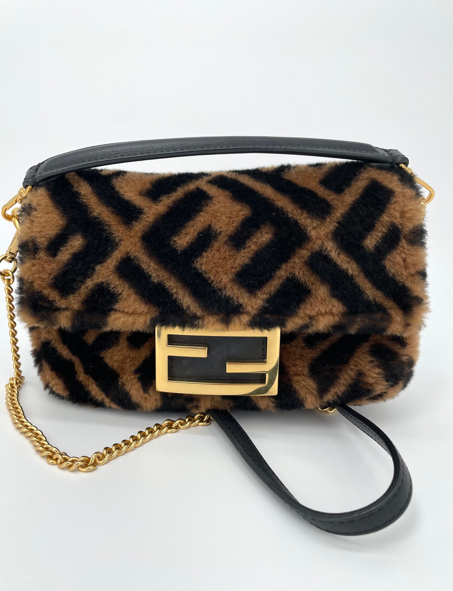 Preloved Fendi Shearling Sheepskin FF Chain Baguette, Mini