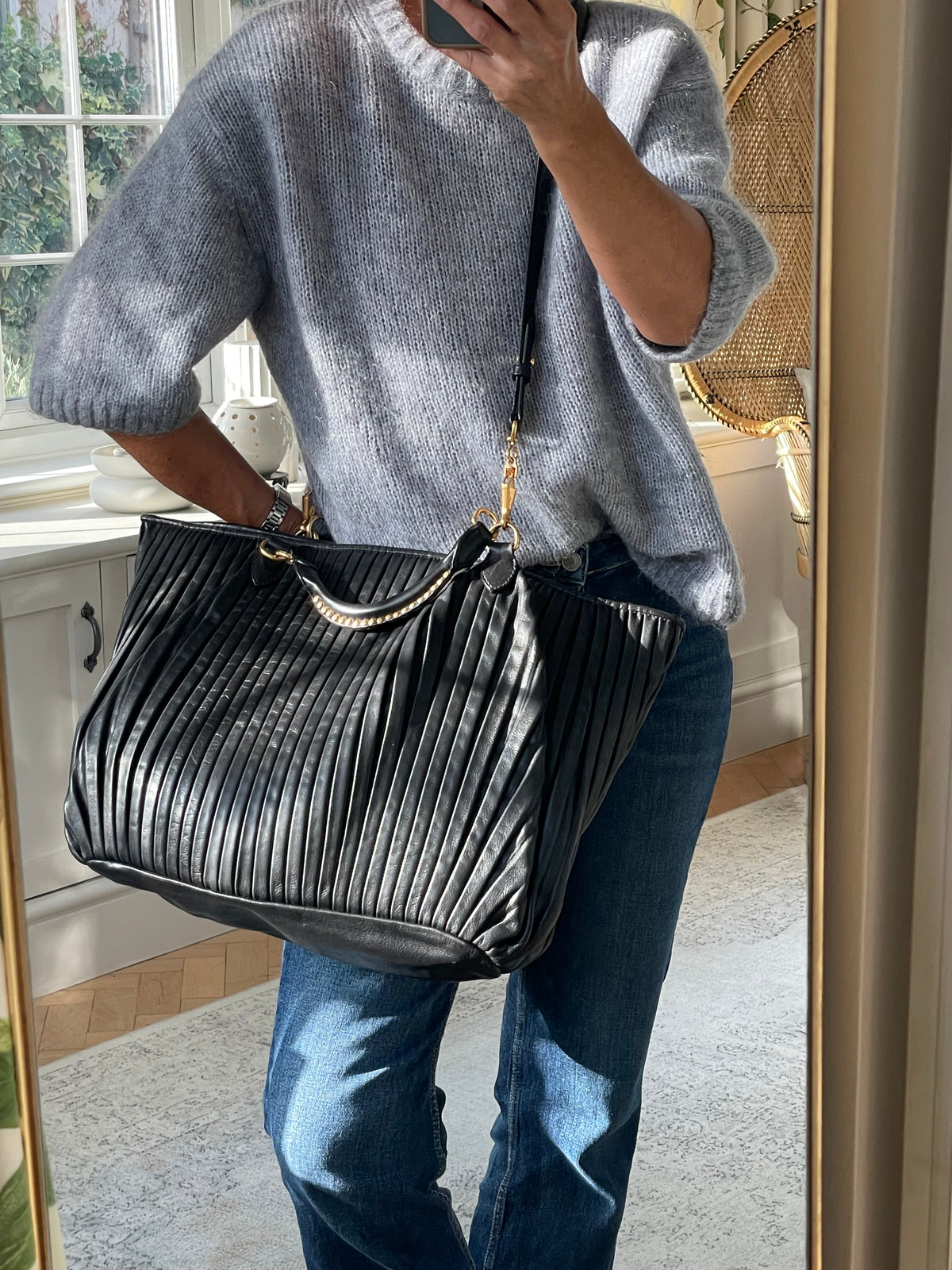 Preloved Miu Miu Pleated Leather Tote Bag with Long Strap