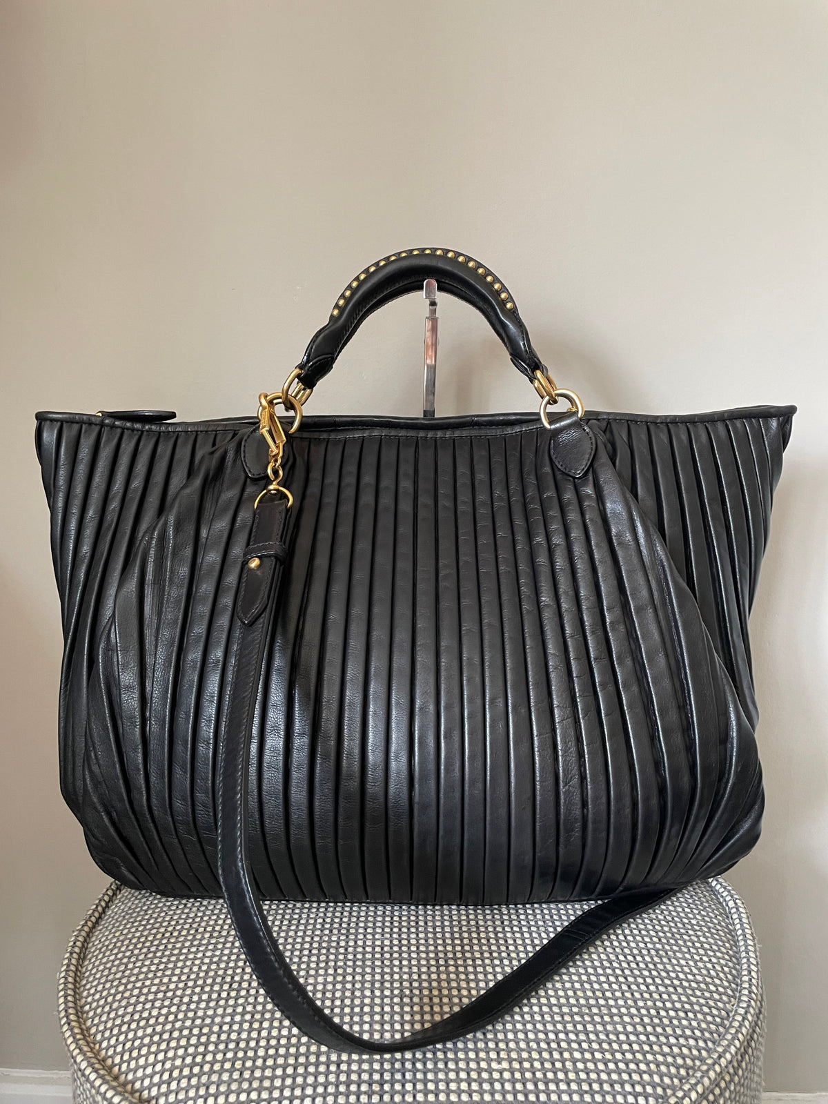Preloved Miu Miu Pleated Leather Tote Bag with Long Strap