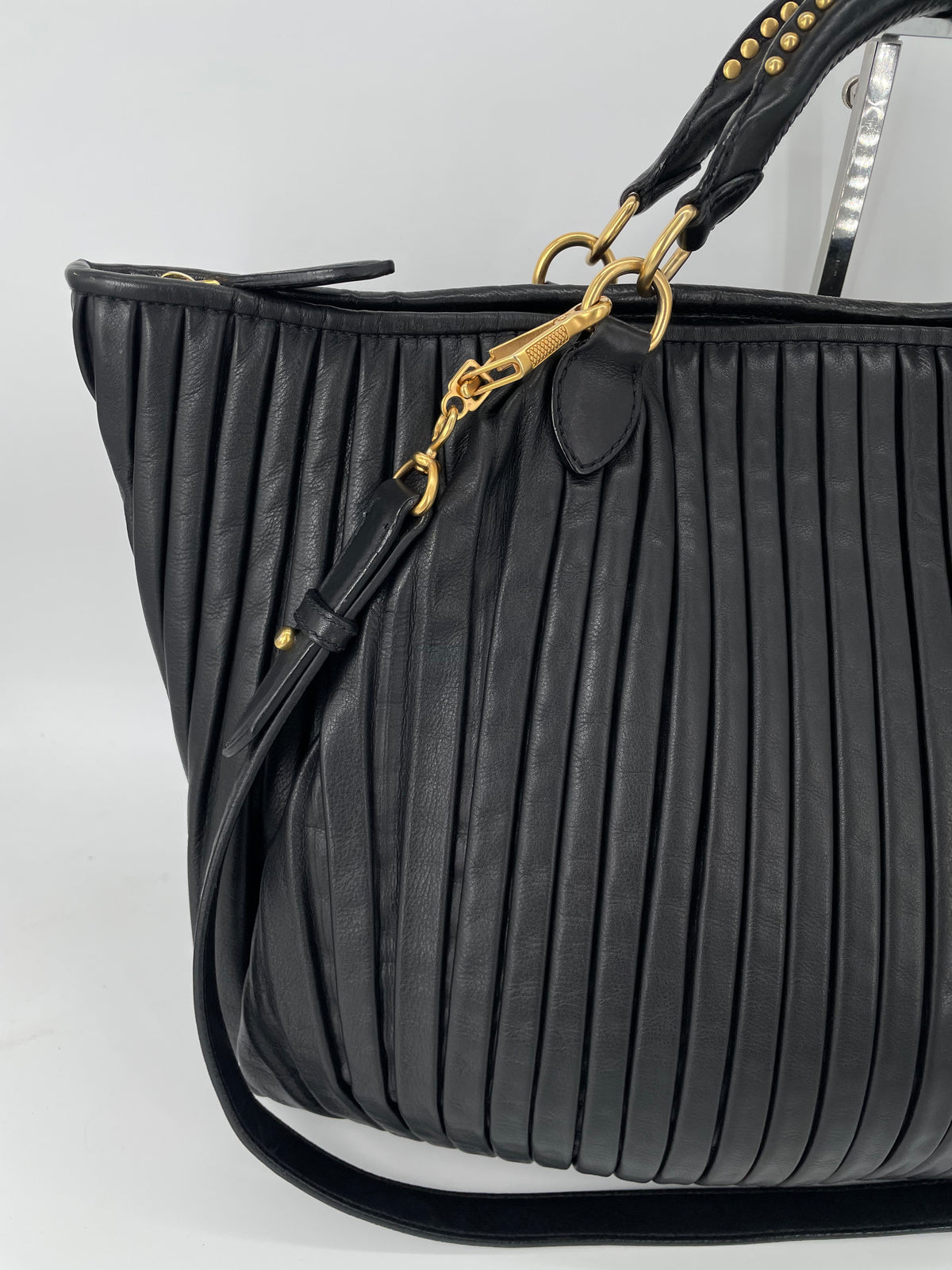 Preloved Miu Miu Pleated Leather Tote Bag with Long Strap