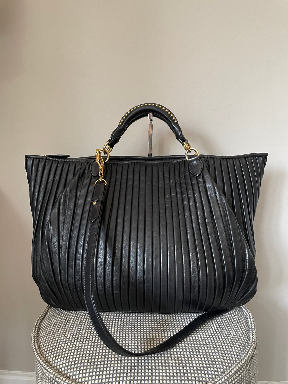 Preloved Miu Miu Pleated Leather Tote Bag with Long Strap