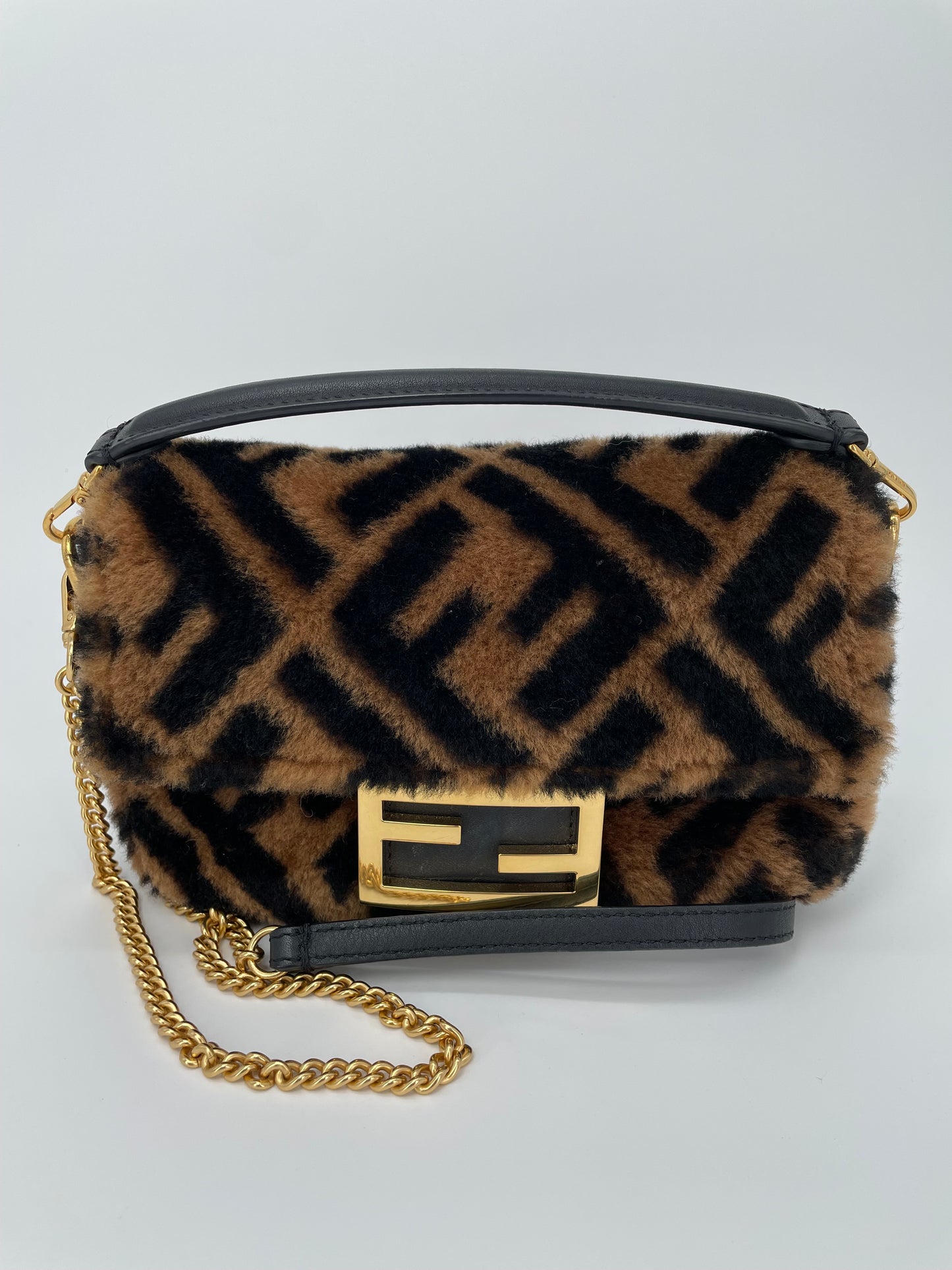 Preloved Fendi Shearling Sheepskin FF Chain Baguette, Mini