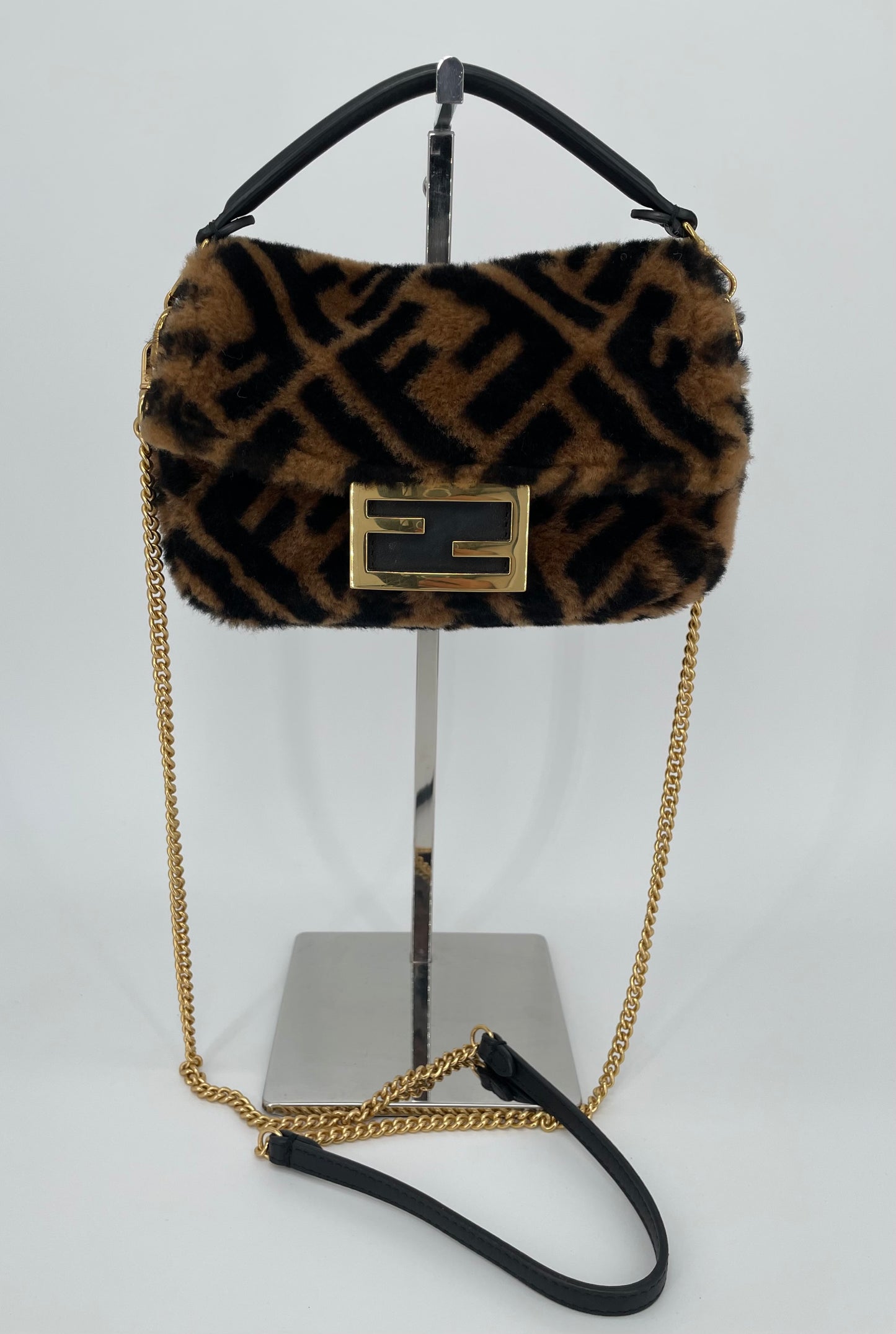 Preloved Fendi Shearling Sheepskin FF Chain Baguette, Mini