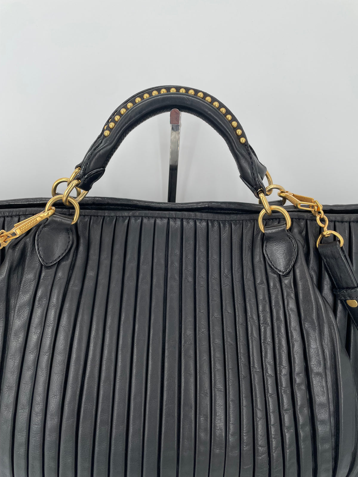 Preloved Miu Miu Pleated Leather Tote Bag with Long Strap