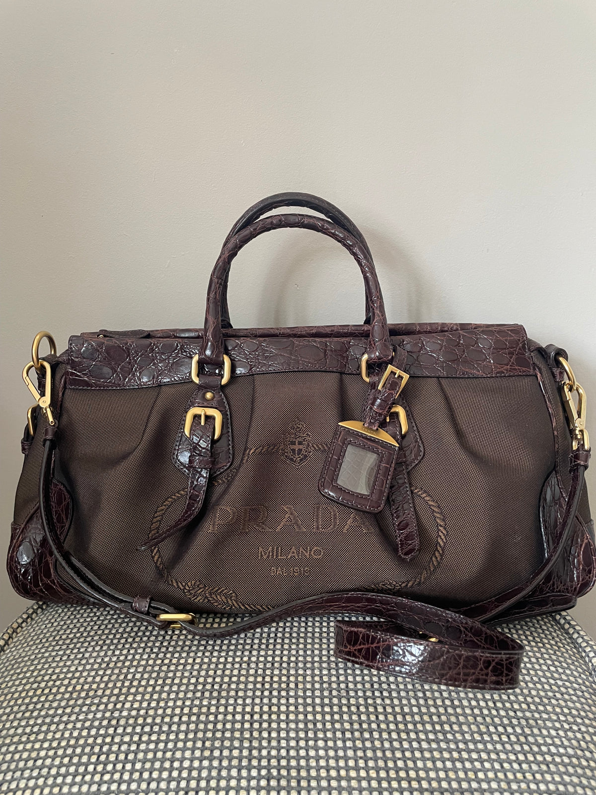 Preloved, Vintage Prada Logo Jacquard Bowling Bag
