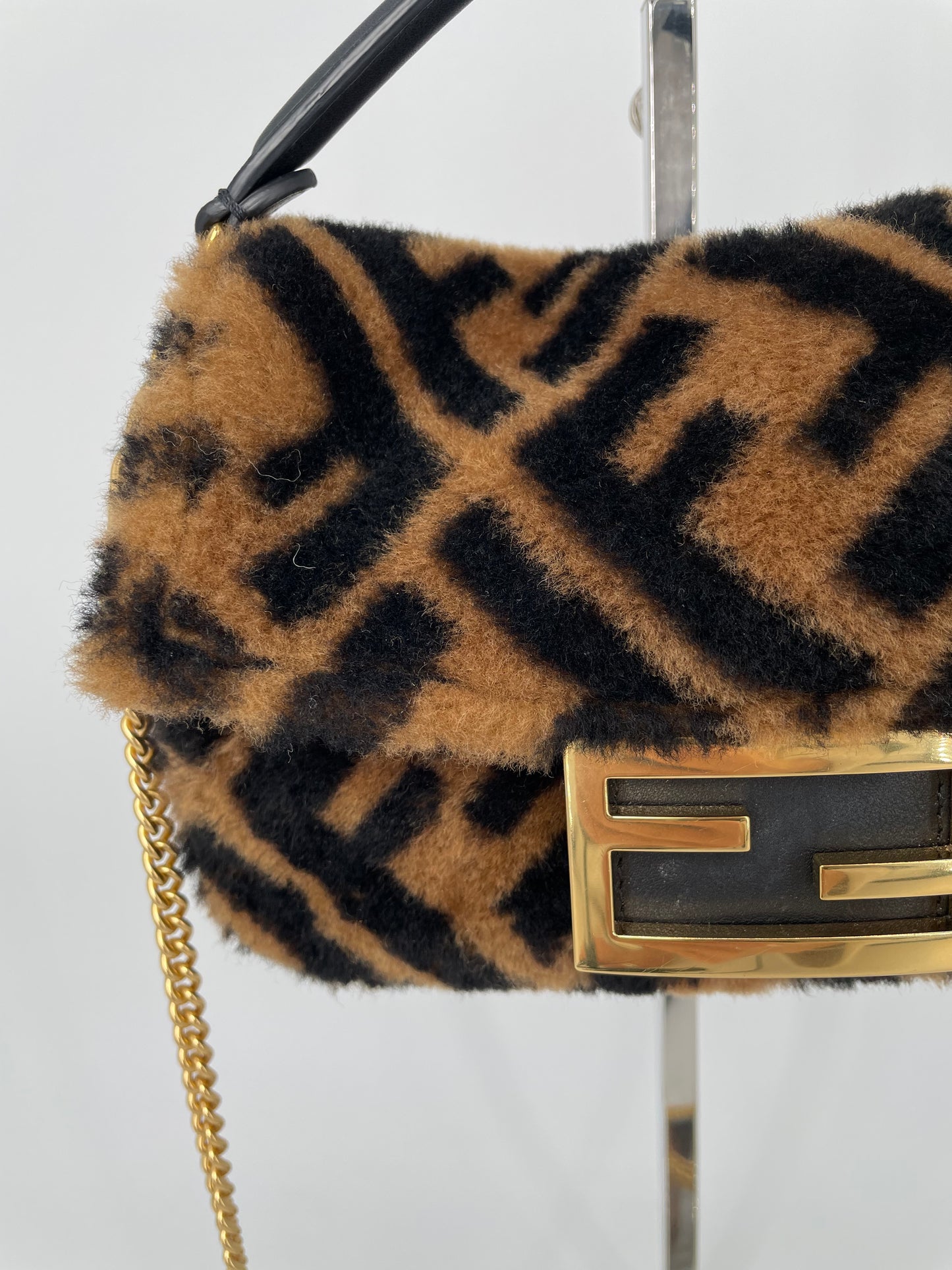 Preloved Fendi Shearling Sheepskin FF Chain Baguette, Mini